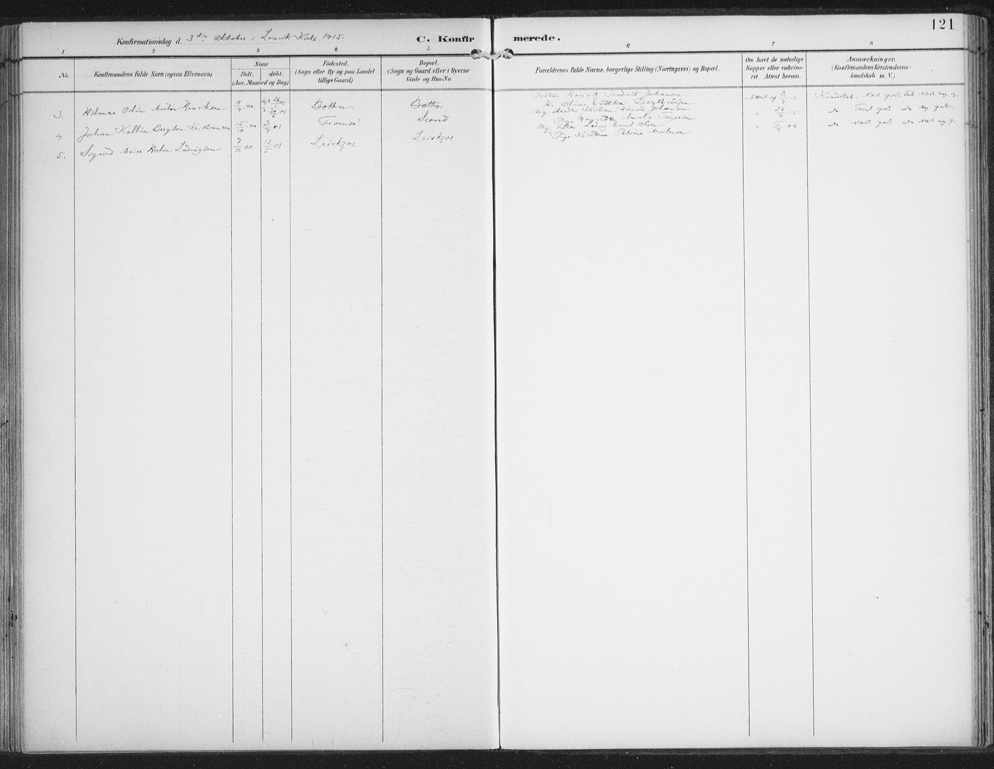 Lenvik sokneprestembete, AV/SATØ-S-1310/H/Ha/Haa/L0015kirke: Parish register (official) no. 15, 1896-1915, p. 121