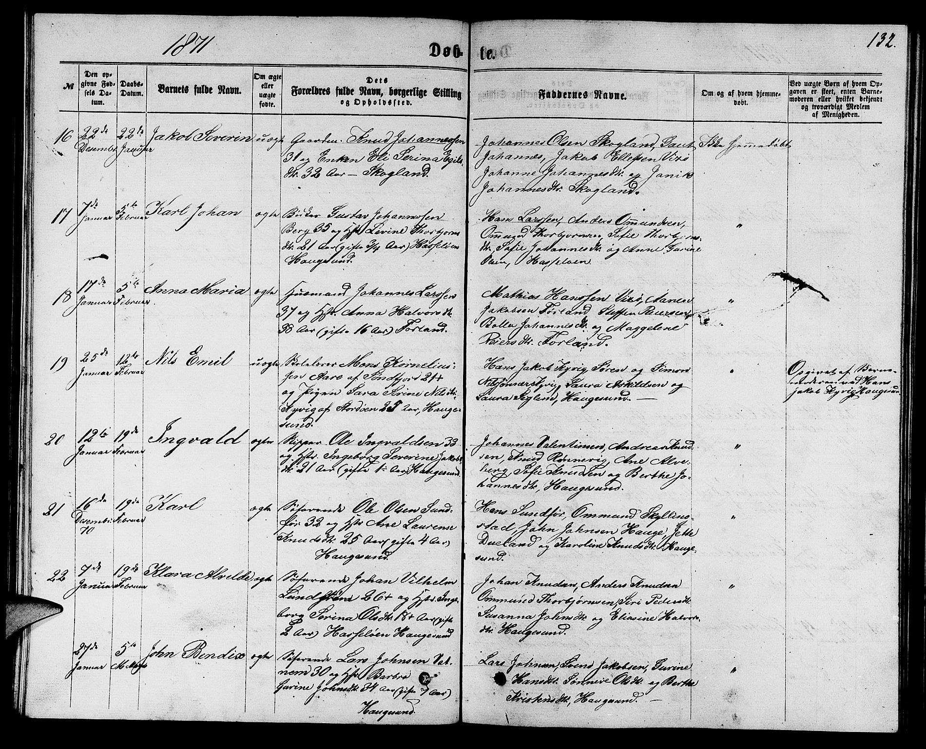 Torvastad sokneprestkontor, AV/SAST-A -101857/H/Ha/Hab/L0007: Parish register (copy) no. B 7, 1866-1873, p. 132