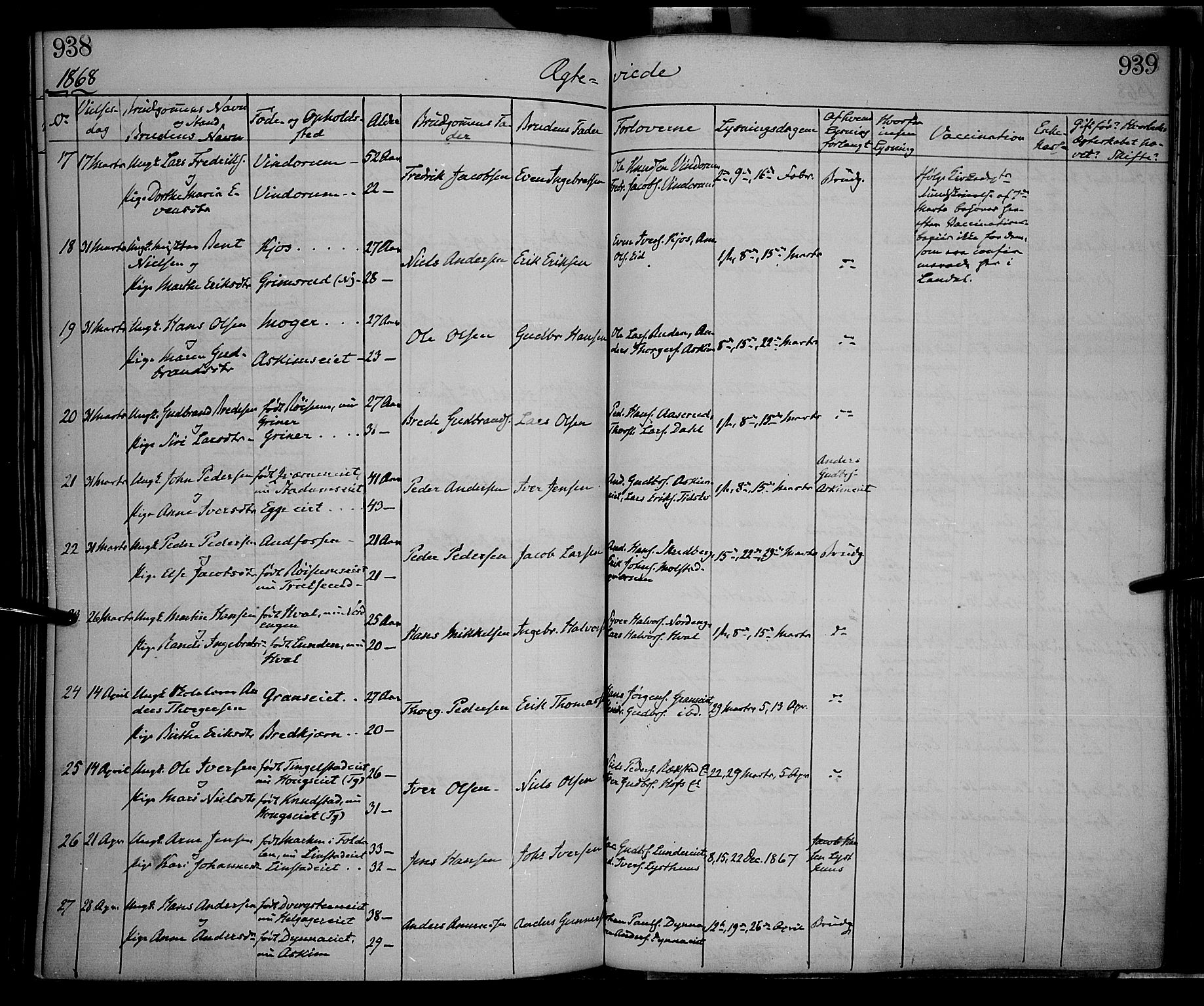 Gran prestekontor, AV/SAH-PREST-112/H/Ha/Haa/L0012: Parish register (official) no. 12, 1856-1874, p. 938-939