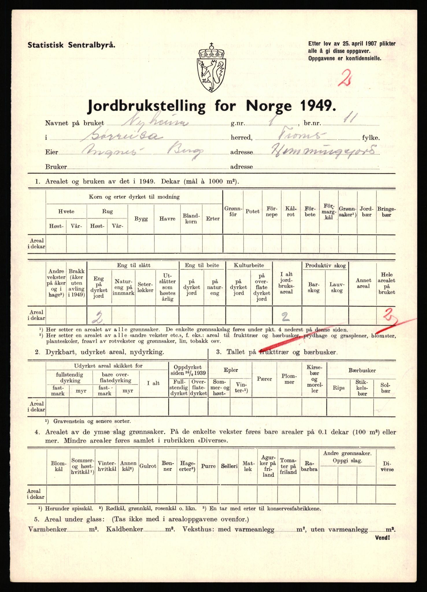 Statistisk sentralbyrå, Næringsøkonomiske emner, Jordbruk, skogbruk, jakt, fiske og fangst, AV/RA-S-2234/G/Gc/L0440: Troms: Sørreisa og Dyrøy, 1949, p. 18