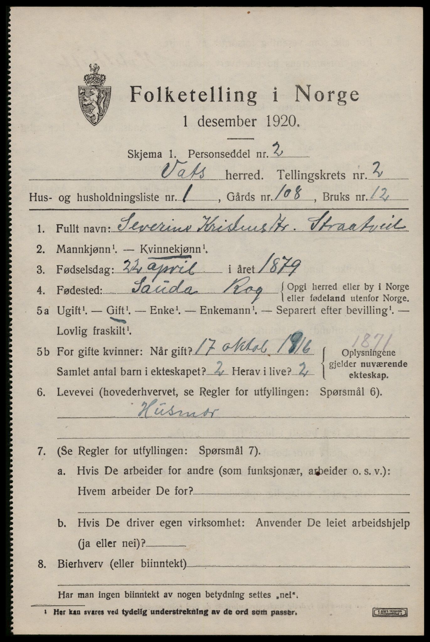 SAST, 1920 census for Vats, 1920, p. 813