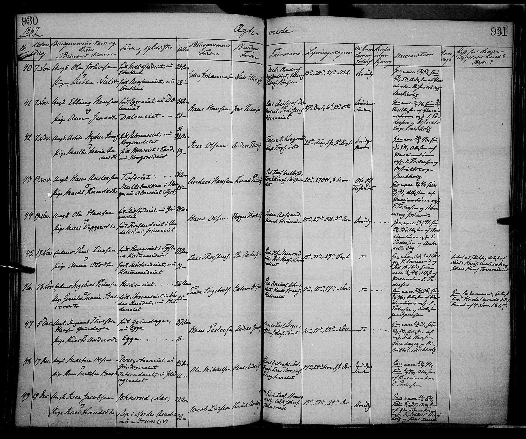 Gran prestekontor, SAH/PREST-112/H/Ha/Haa/L0012: Parish register (official) no. 12, 1856-1874, p. 930-931