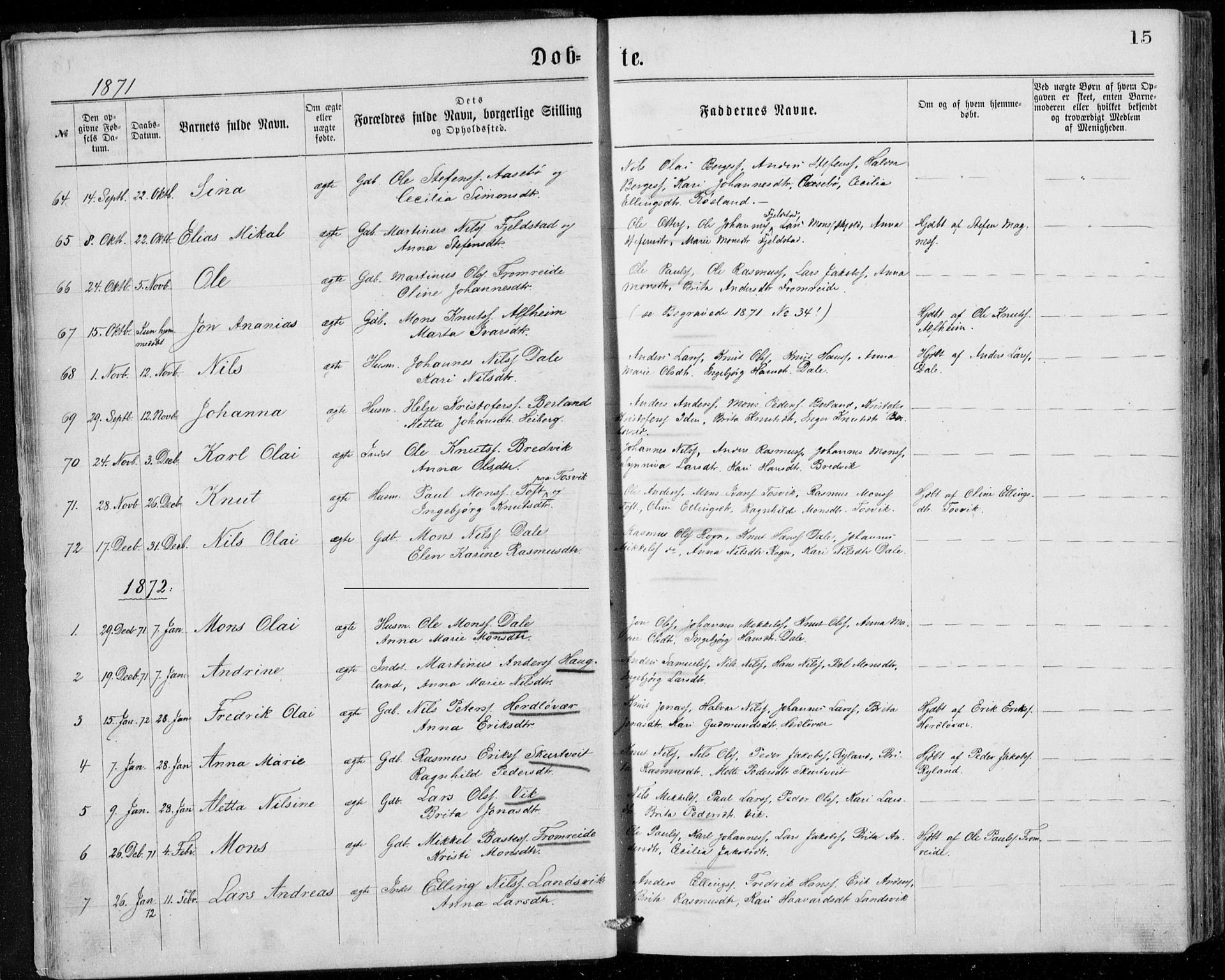 Herdla Sokneprestembete, AV/SAB-A-75701/H/Haa: Parish register (official) no. A 2, 1869-1877, p. 15