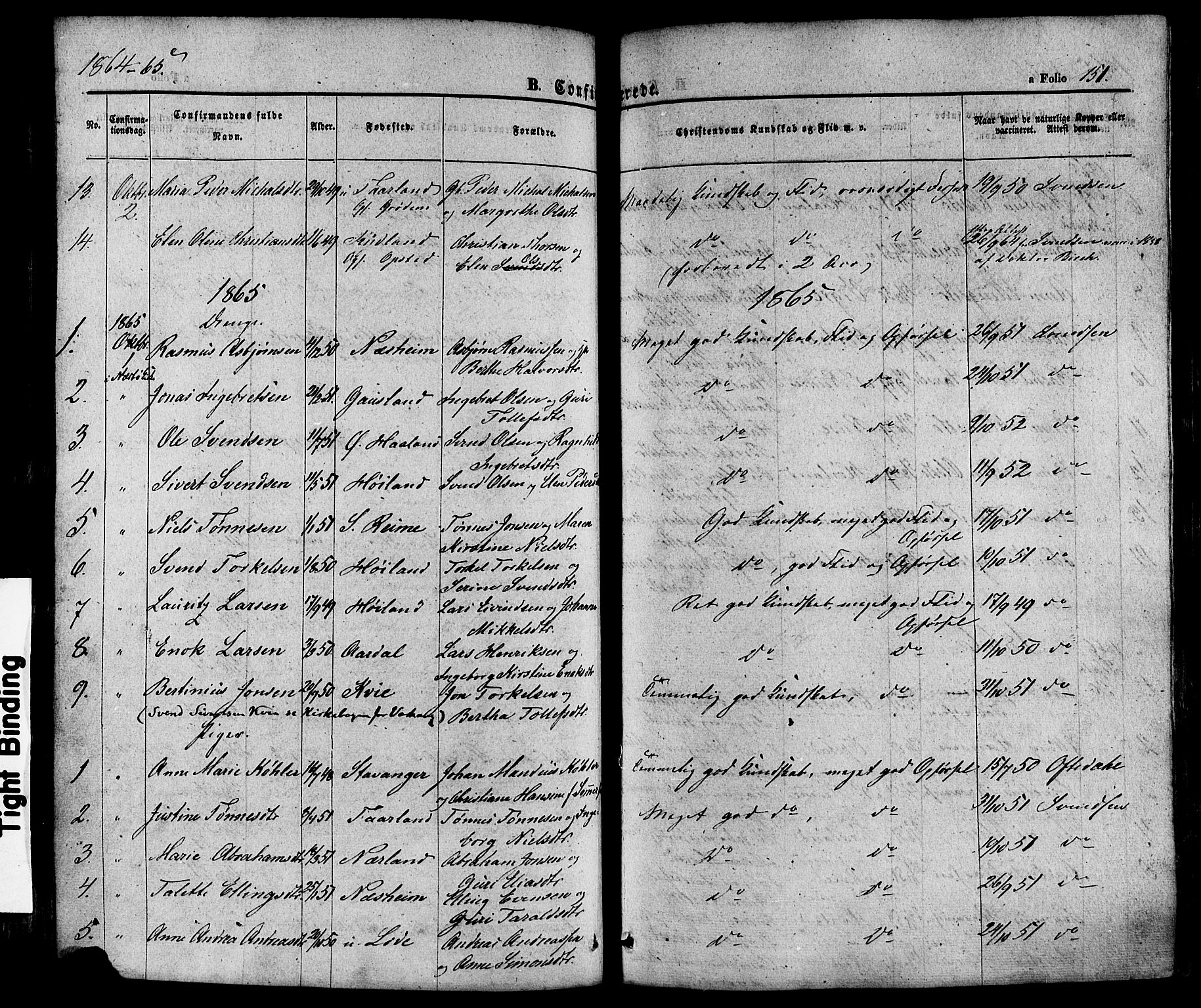 Hå sokneprestkontor, AV/SAST-A-101801/001/30BA/L0008: Parish register (official) no. A 7, 1853-1878, p. 151