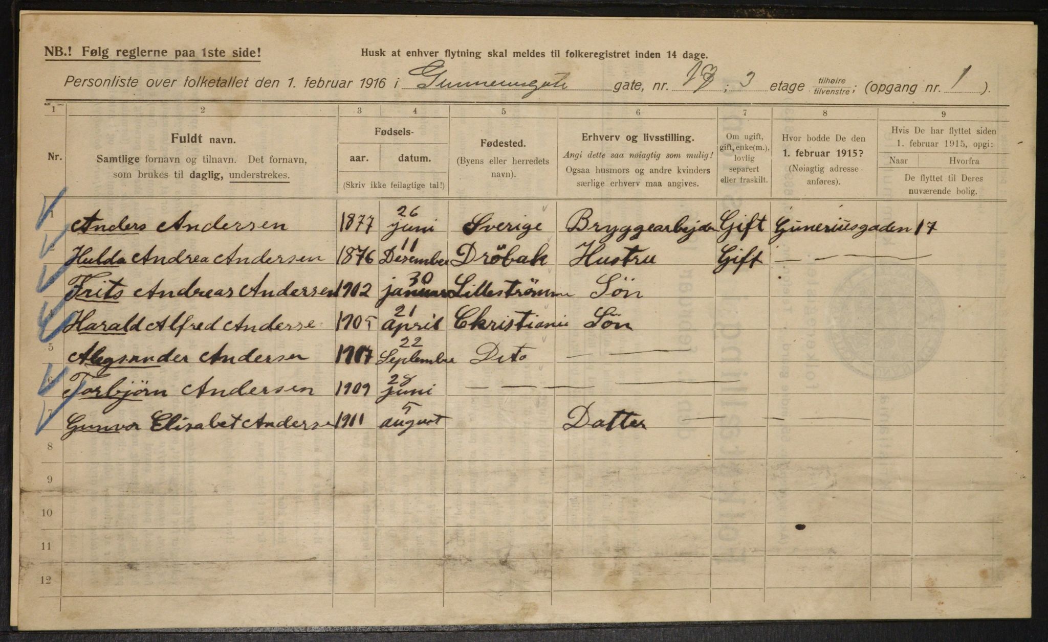 OBA, Municipal Census 1916 for Kristiania, 1916, p. 5394