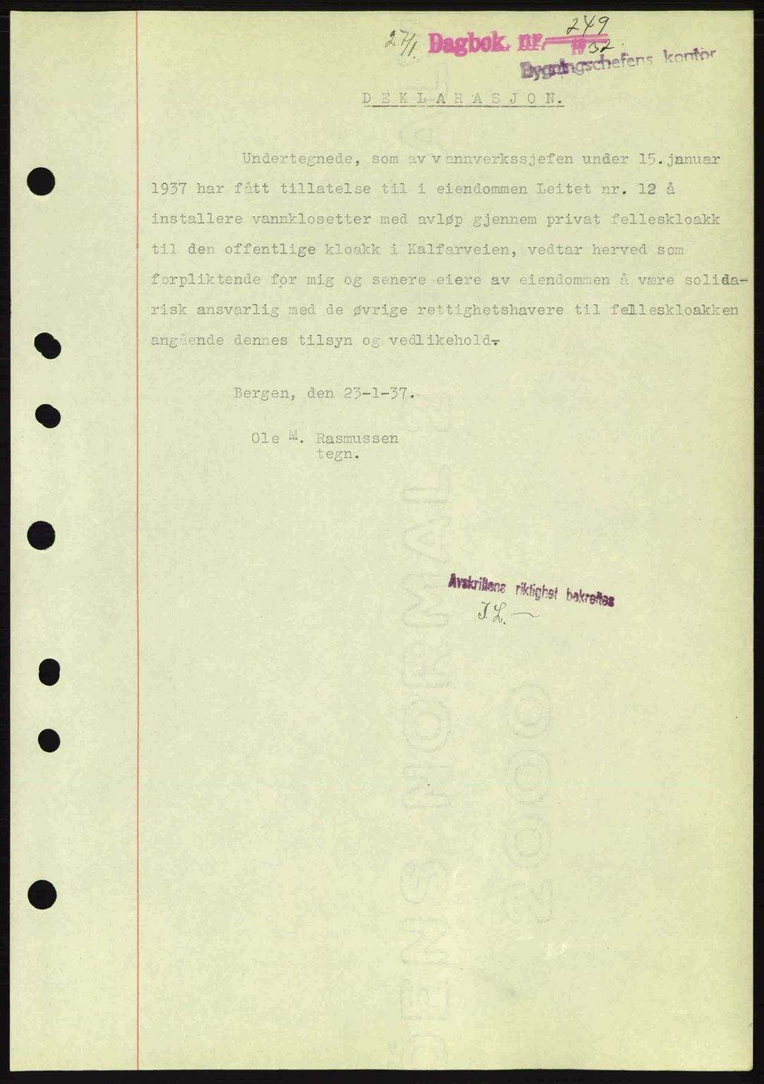 Byfogd og Byskriver i Bergen, SAB/A-3401/03/03Bc/L0004: Mortgage book no. A3-4, 1936-1937, Diary no: : 749/1937