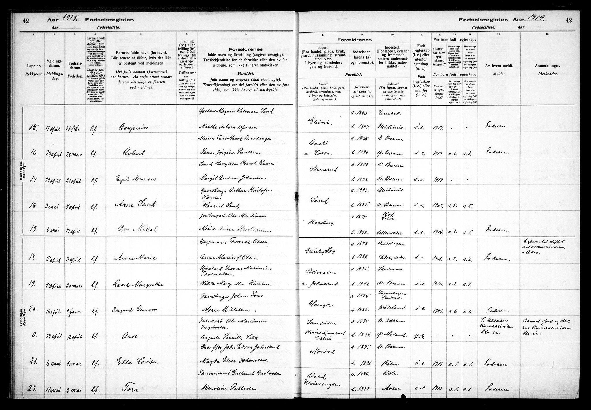 Vestre Bærum prestekontor Kirkebøker, AV/SAO-A-10209a/J/L0001: Birth register no. 1, 1916-1926, p. 42