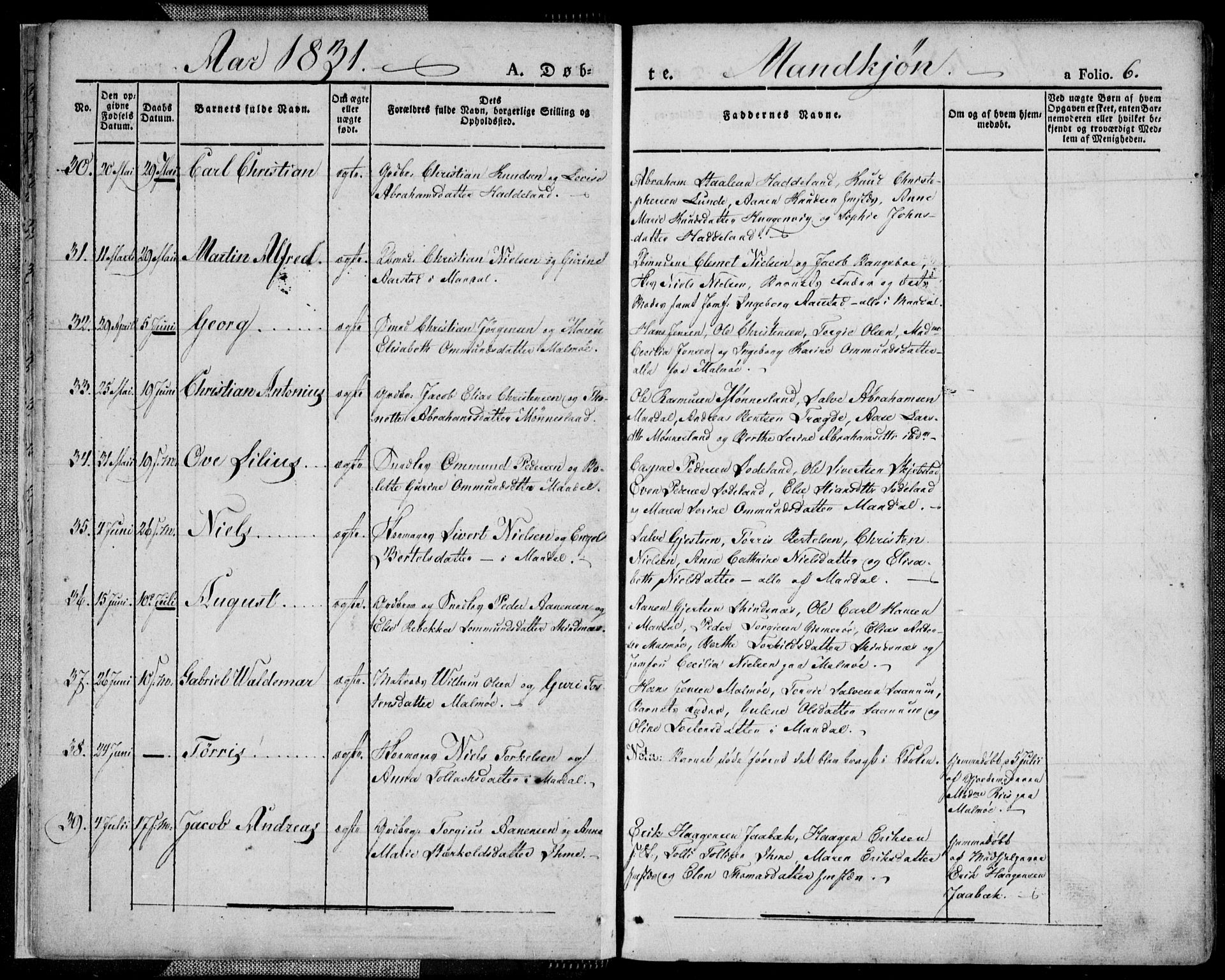 Mandal sokneprestkontor, SAK/1111-0030/F/Fa/Faa/L0011: Parish register (official) no. A 11, 1830-1839, p. 6
