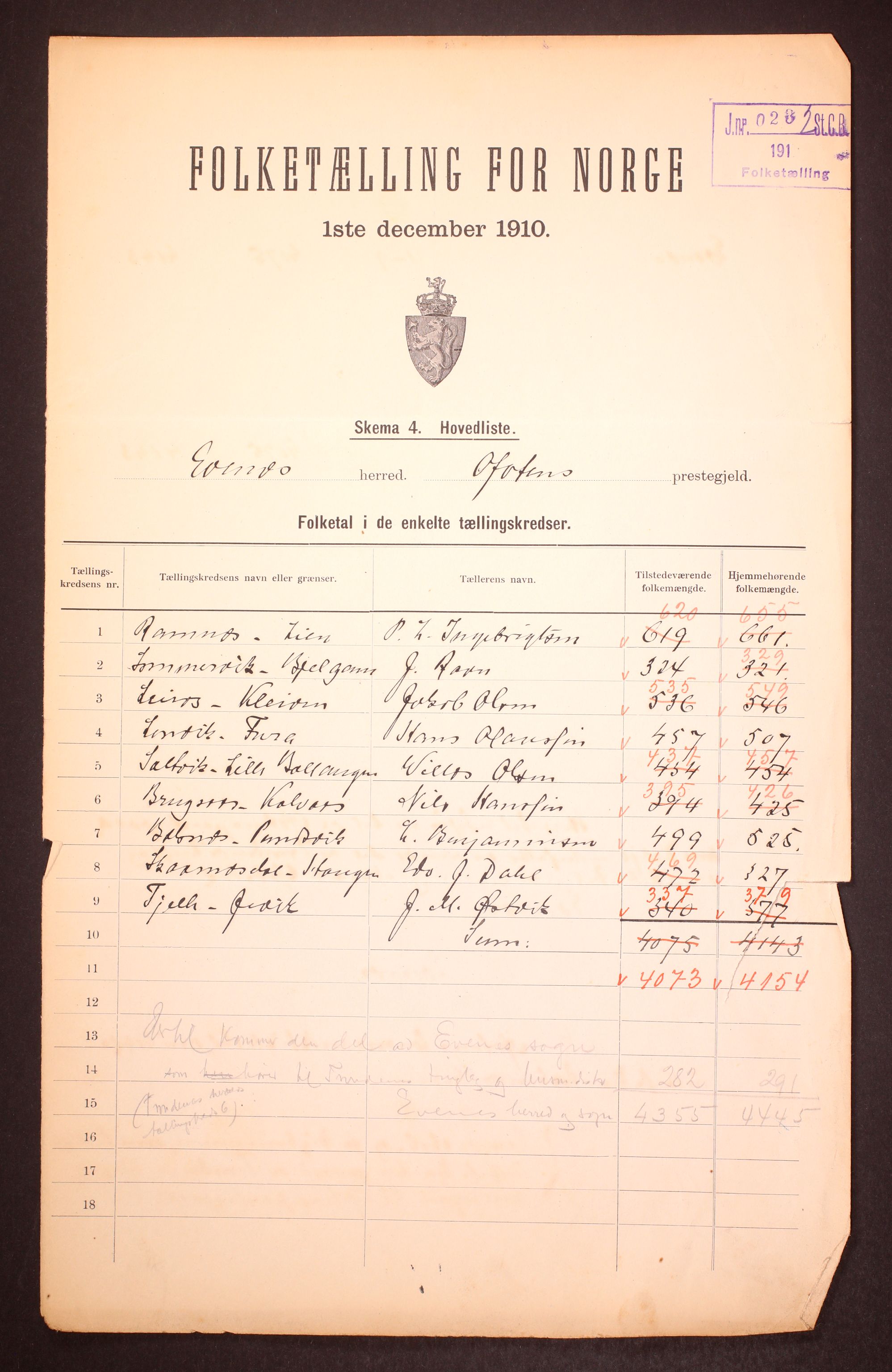 RA, 1910 census for Evenes, 1910, p. 2