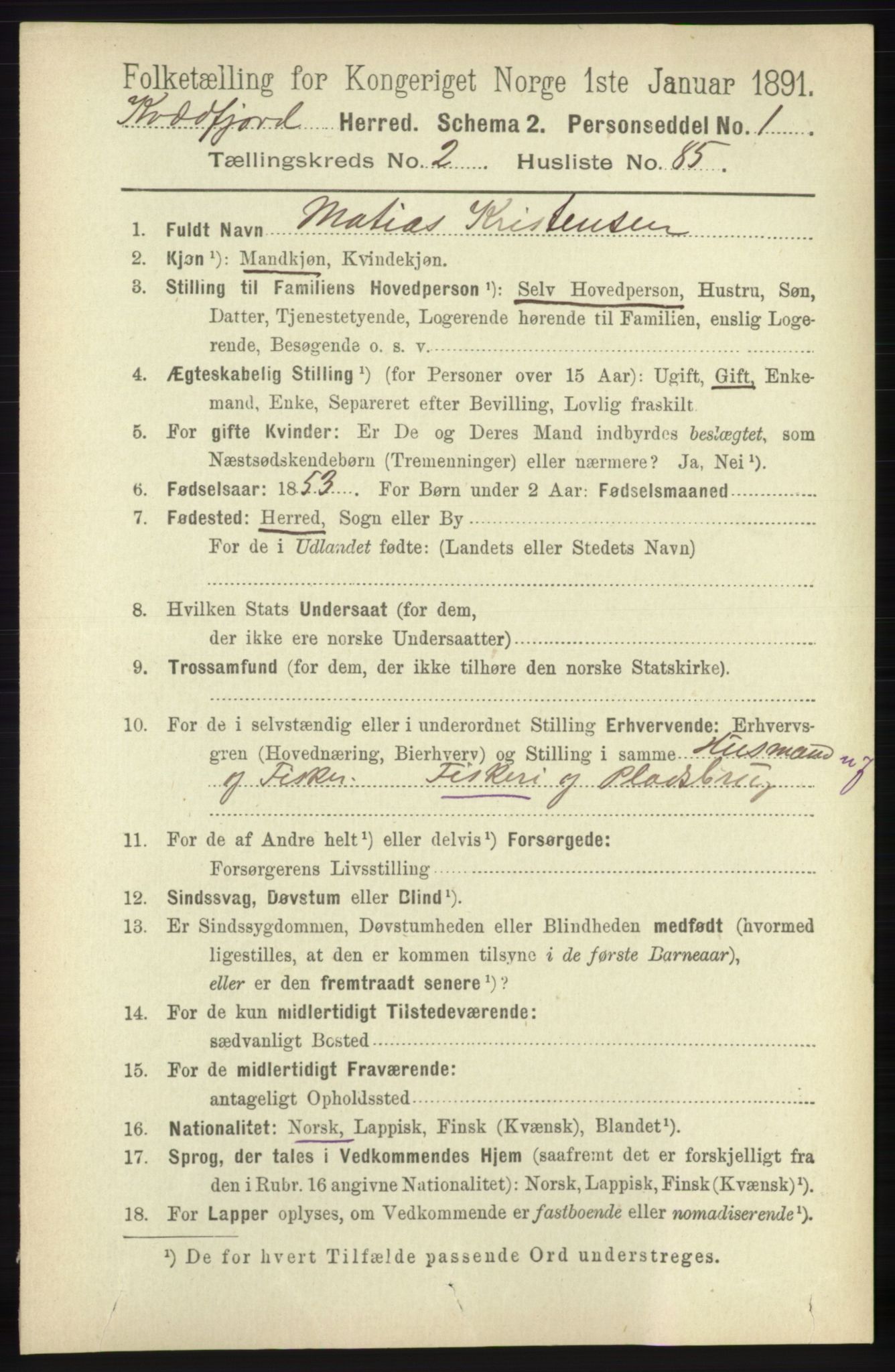 RA, 1891 census for 1911 Kvæfjord, 1891, p. 1215