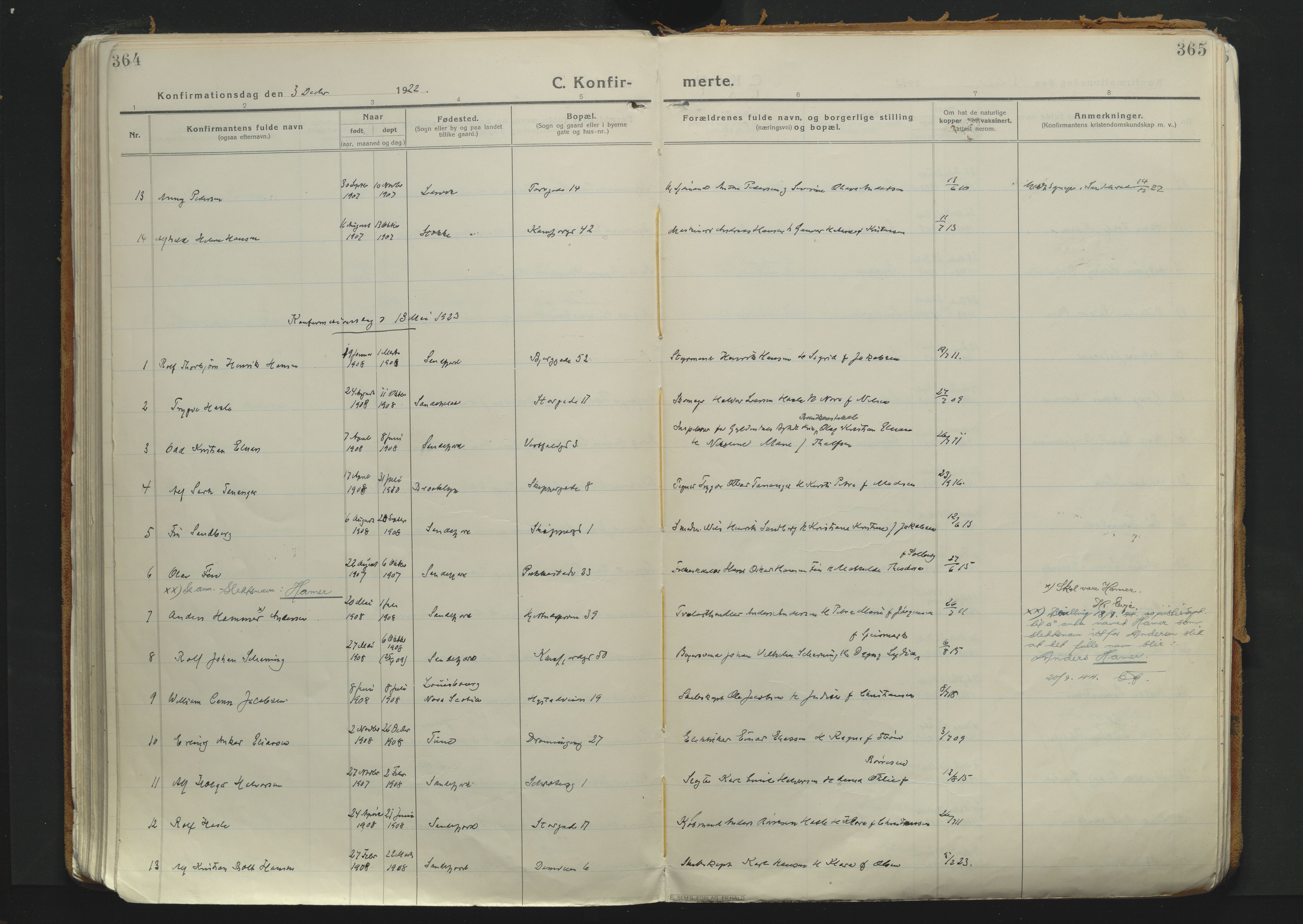 Sandefjord kirkebøker, SAKO/A-315/F/Fa/L0007: Parish register (official) no. 7, 1916-1930, p. 364-365