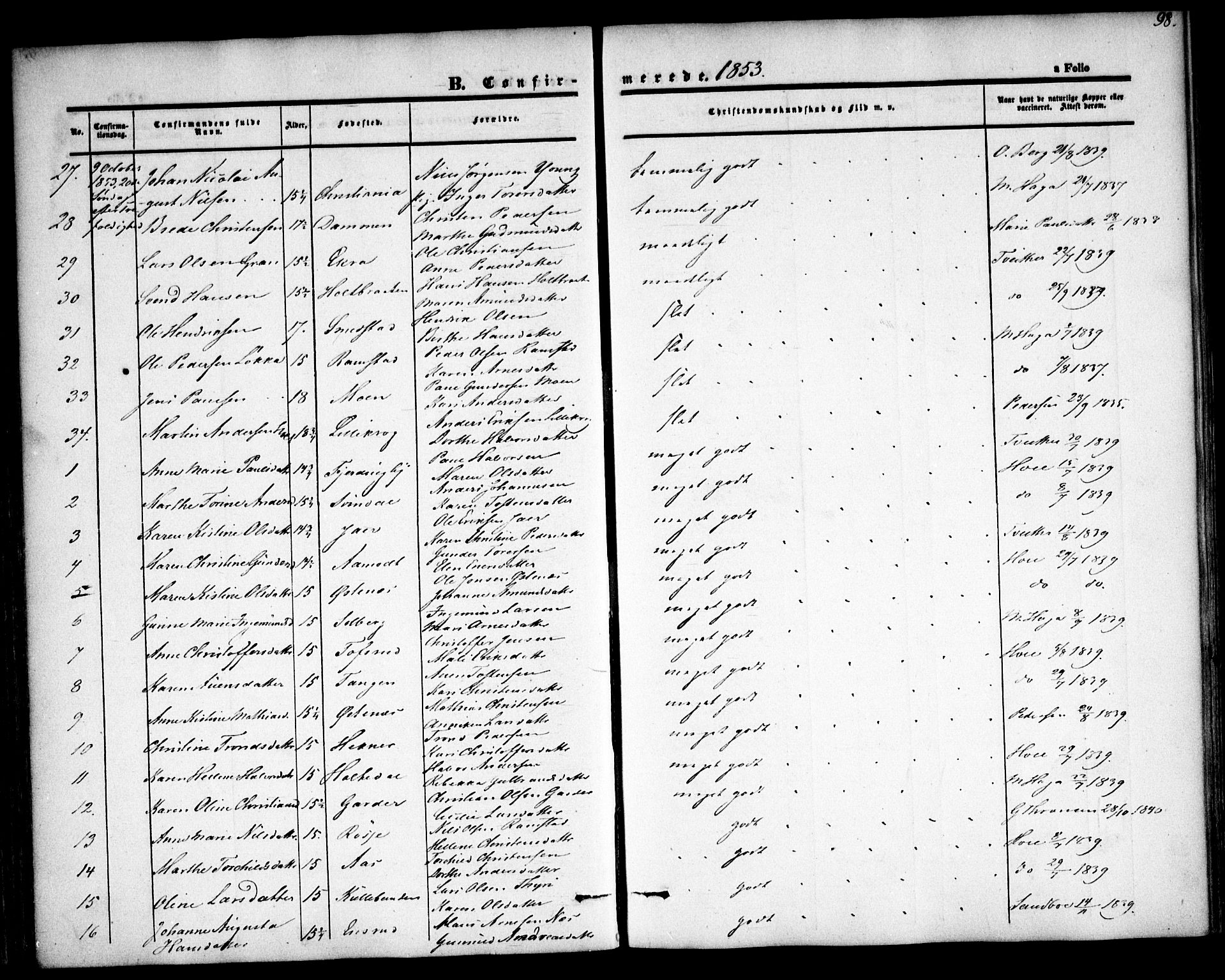 Fet prestekontor Kirkebøker, SAO/A-10370a/F/Fa/L0010: Parish register (official) no. I 10, 1847-1859, p. 98