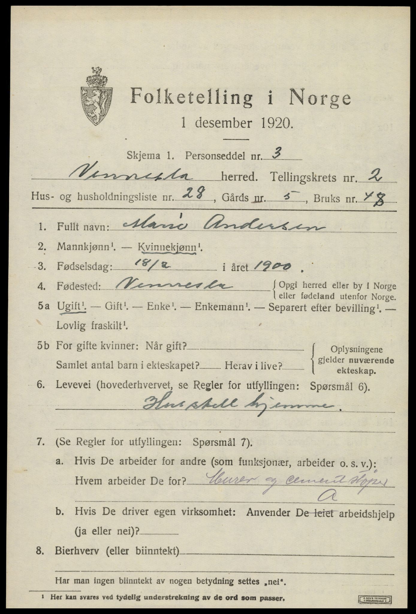 SAK, 1920 census for Vennesla, 1920, p. 1814