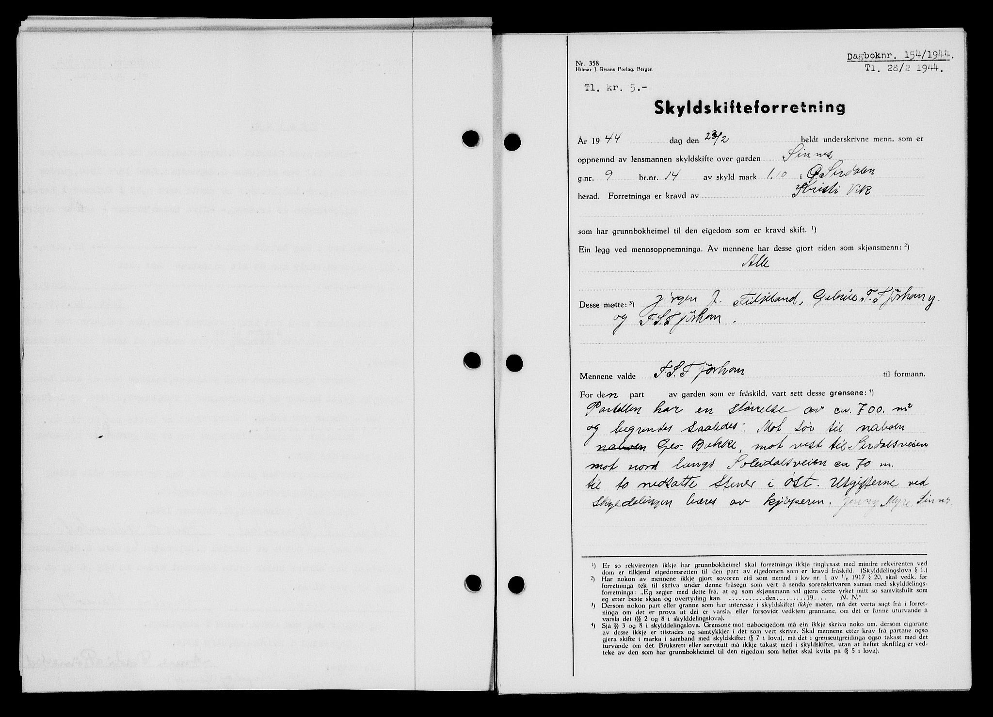 Flekkefjord sorenskriveri, SAK/1221-0001/G/Gb/Gba/L0059: Mortgage book no. A-7, 1944-1945, Diary no: : 154/1944