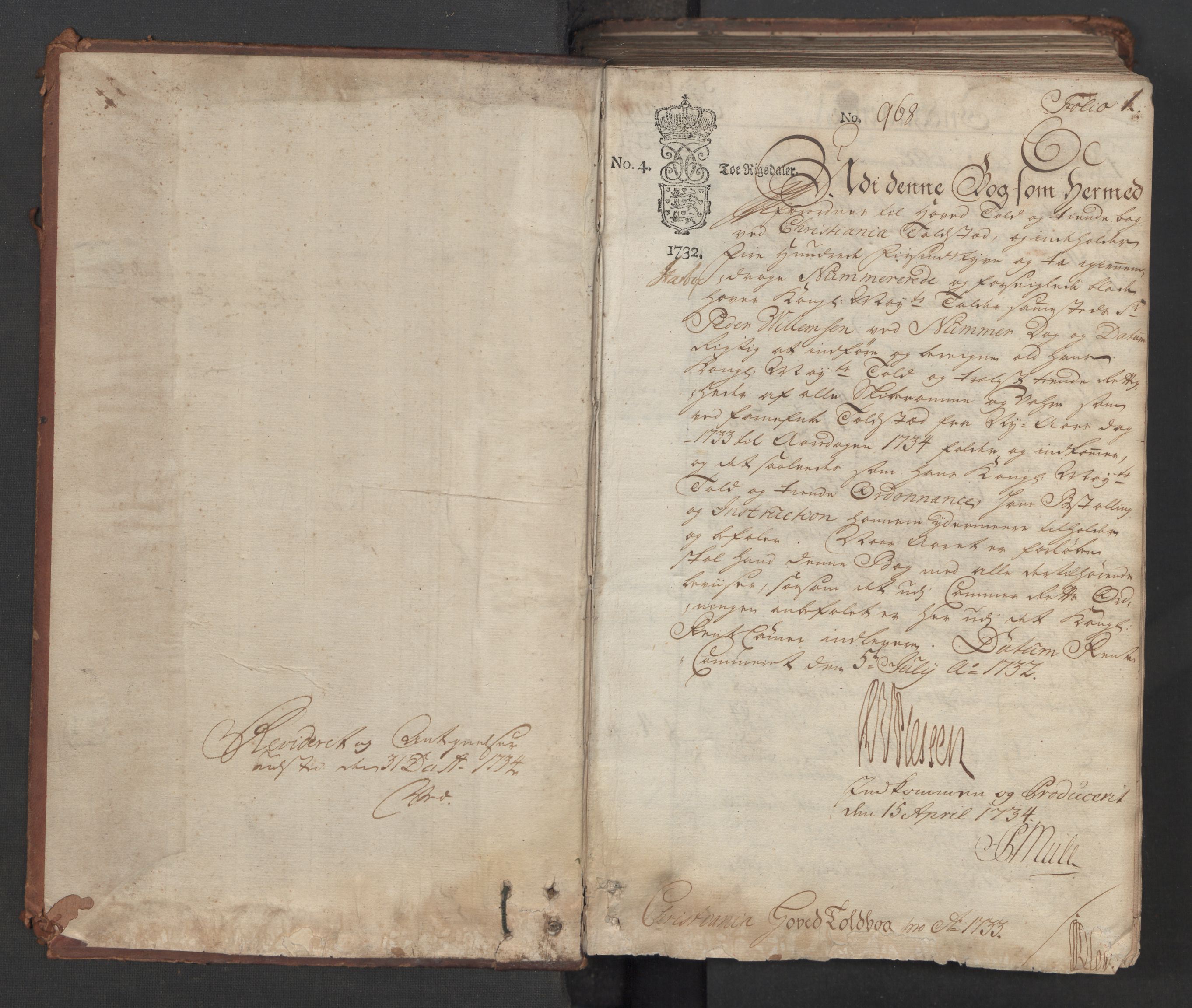 Generaltollkammeret, tollregnskaper, RA/EA-5490/R06/L0015/0001: Tollregnskaper Kristiania / Hovedtollbok, 1733, p. 1a