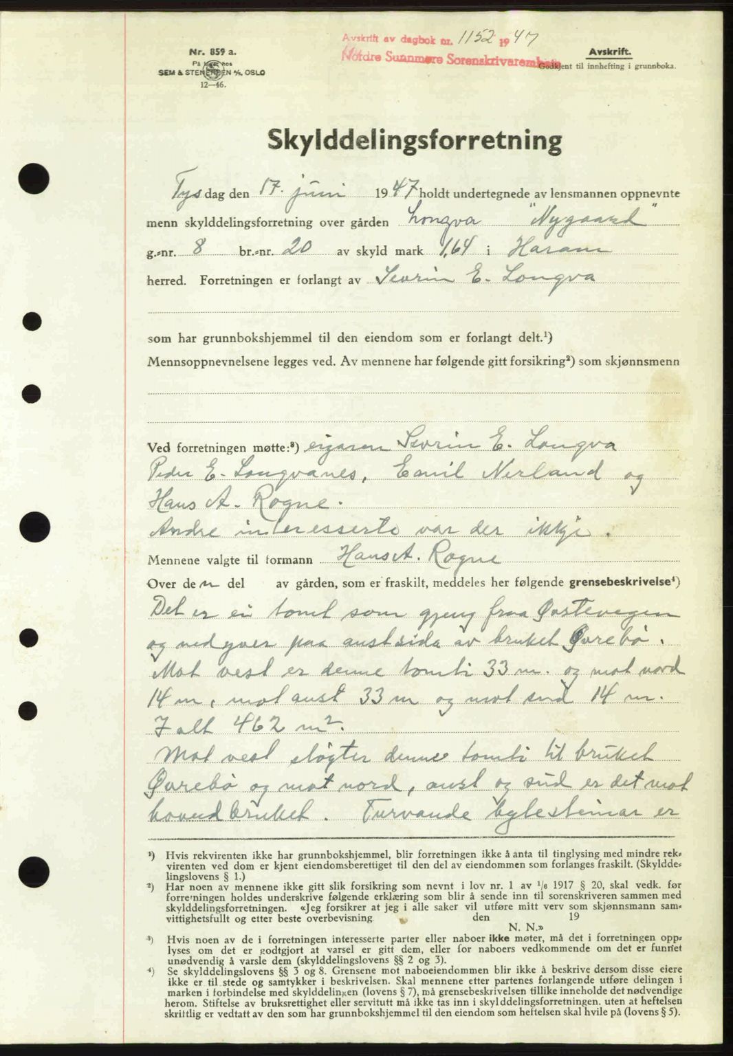 Nordre Sunnmøre sorenskriveri, AV/SAT-A-0006/1/2/2C/2Ca: Mortgage book no. A25, 1947-1947, Diary no: : 1152/1947