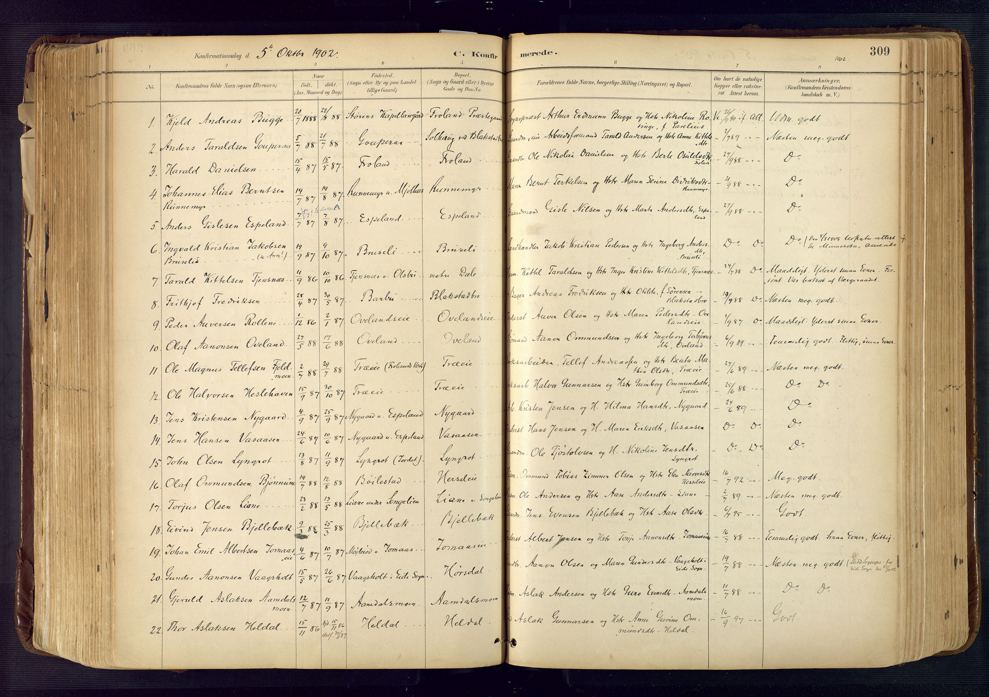 Froland sokneprestkontor, SAK/1111-0013/F/Fa/L0005: Parish register (official) no. A 5, 1882-1921, p. 309