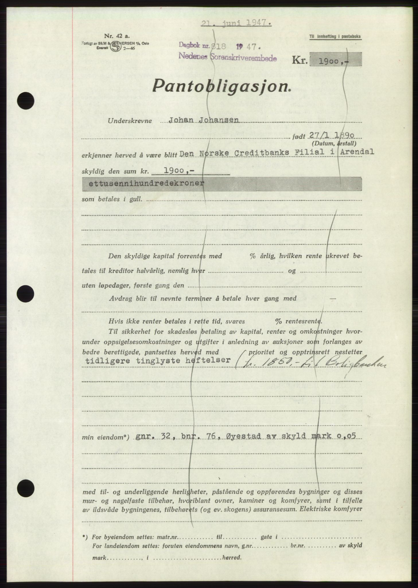 Nedenes sorenskriveri, AV/SAK-1221-0006/G/Gb/Gbb/L0004: Mortgage book no. B4, 1947-1947, Diary no: : 818/1947