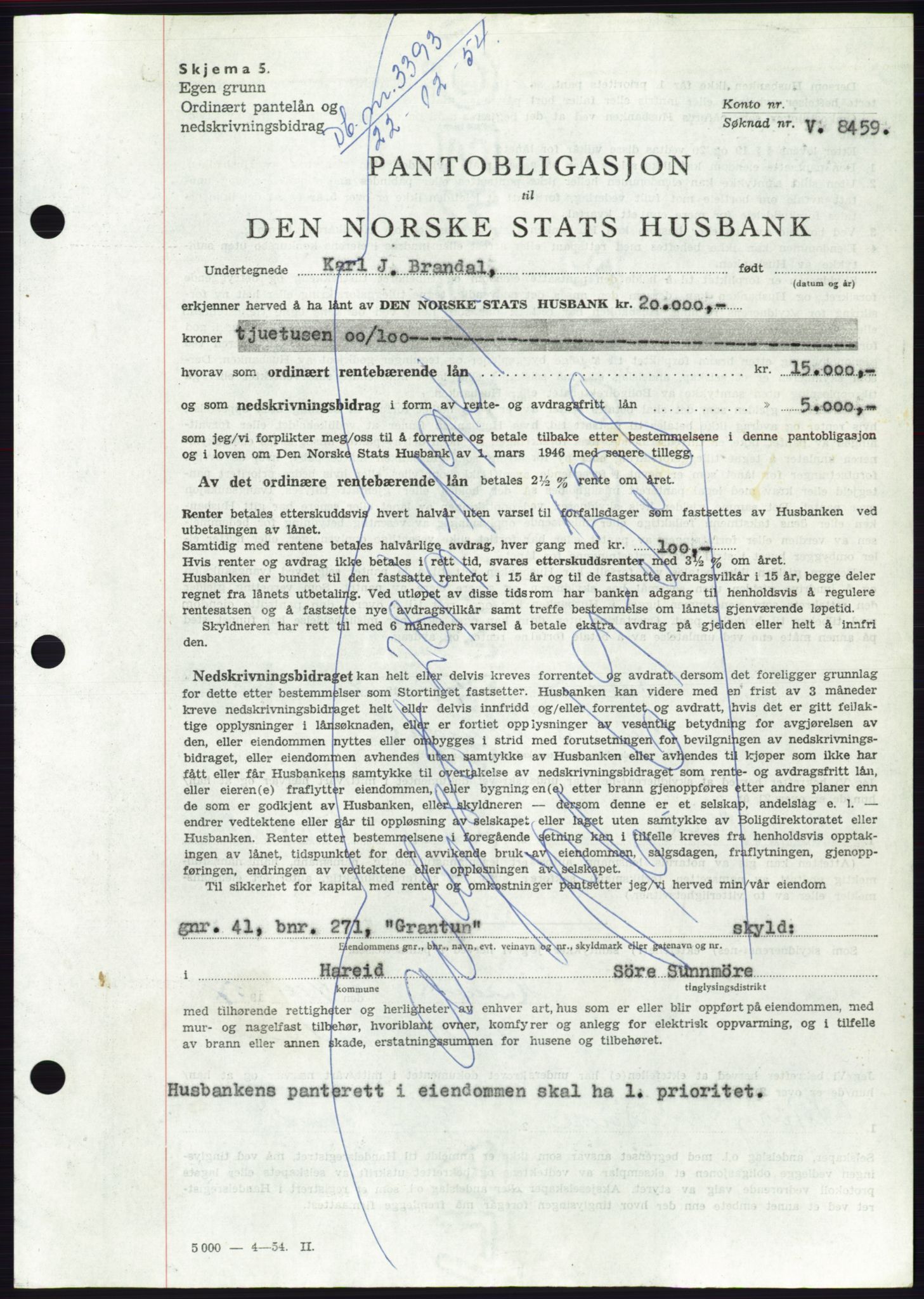 Søre Sunnmøre sorenskriveri, AV/SAT-A-4122/1/2/2C/L0126: Mortgage book no. 14B, 1954-1955, Diary no: : 3393/1954