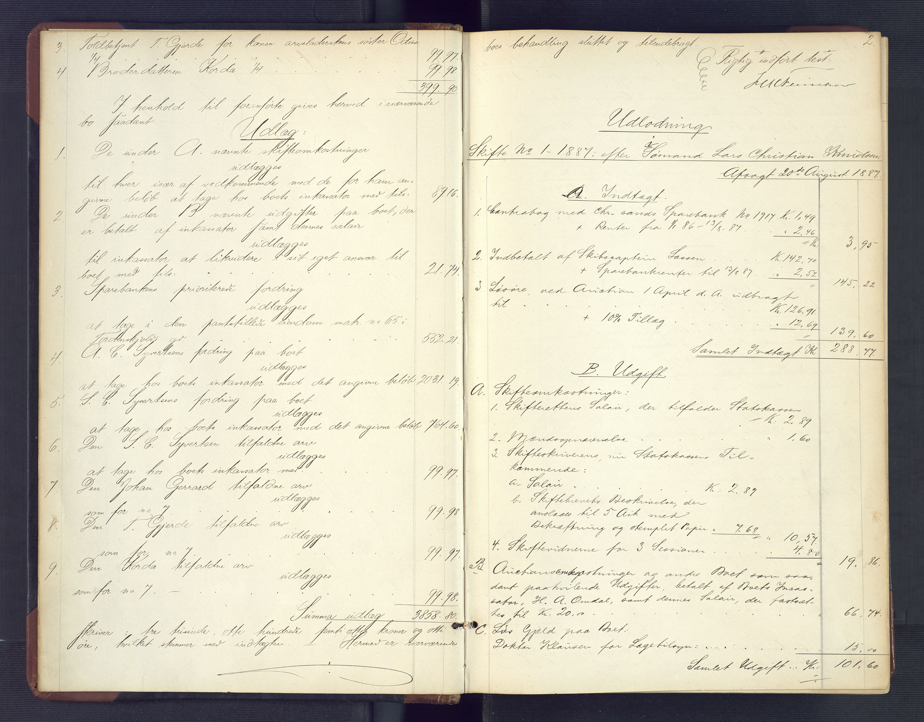 Kristiansand byrett, SAK/1223-0001/H/Hc/L0058: Skifteutlodningsprotokoll nr. 4, med register, 1887-1894, p. 2