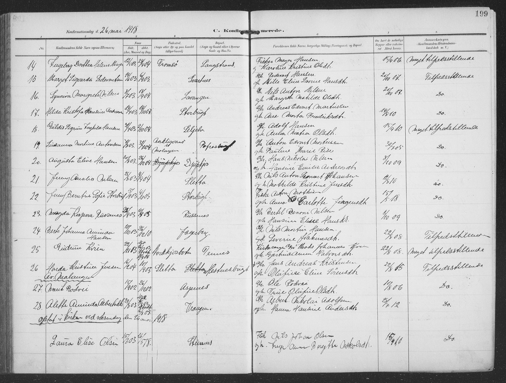 Balsfjord sokneprestembete, SATØ/S-1303/G/Ga/L0009klokker: Parish register (copy) no. 9, 1906-1920, p. 199