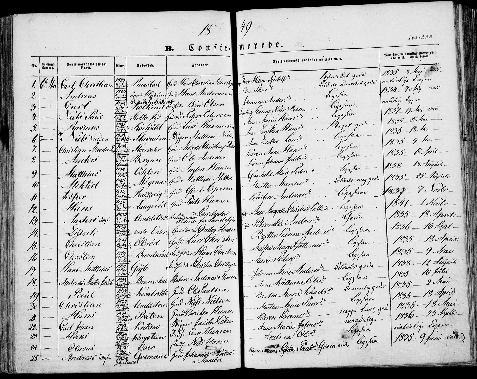 Stokke kirkebøker, SAKO/A-320/F/Fa/L0007: Parish register (official) no. I 7, 1844-1857, p. 238