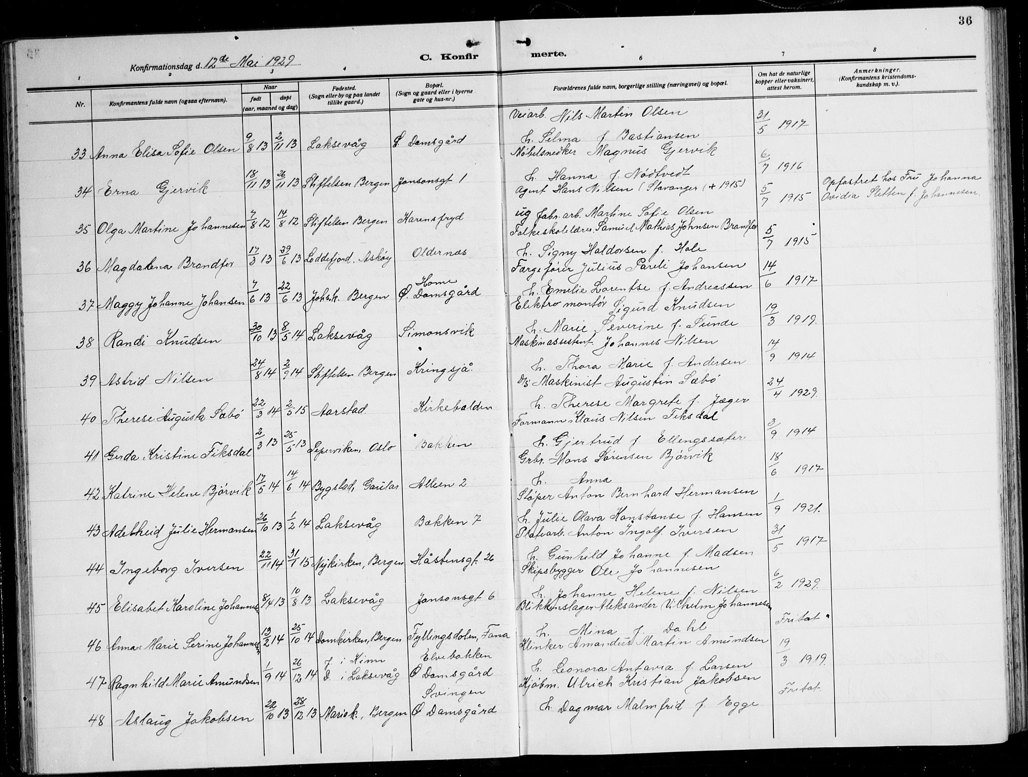 Laksevåg Sokneprestembete, SAB/A-76501/H/Ha/Hab/Haba: Parish register (copy) no. A 10, 1925-1942, p. 36