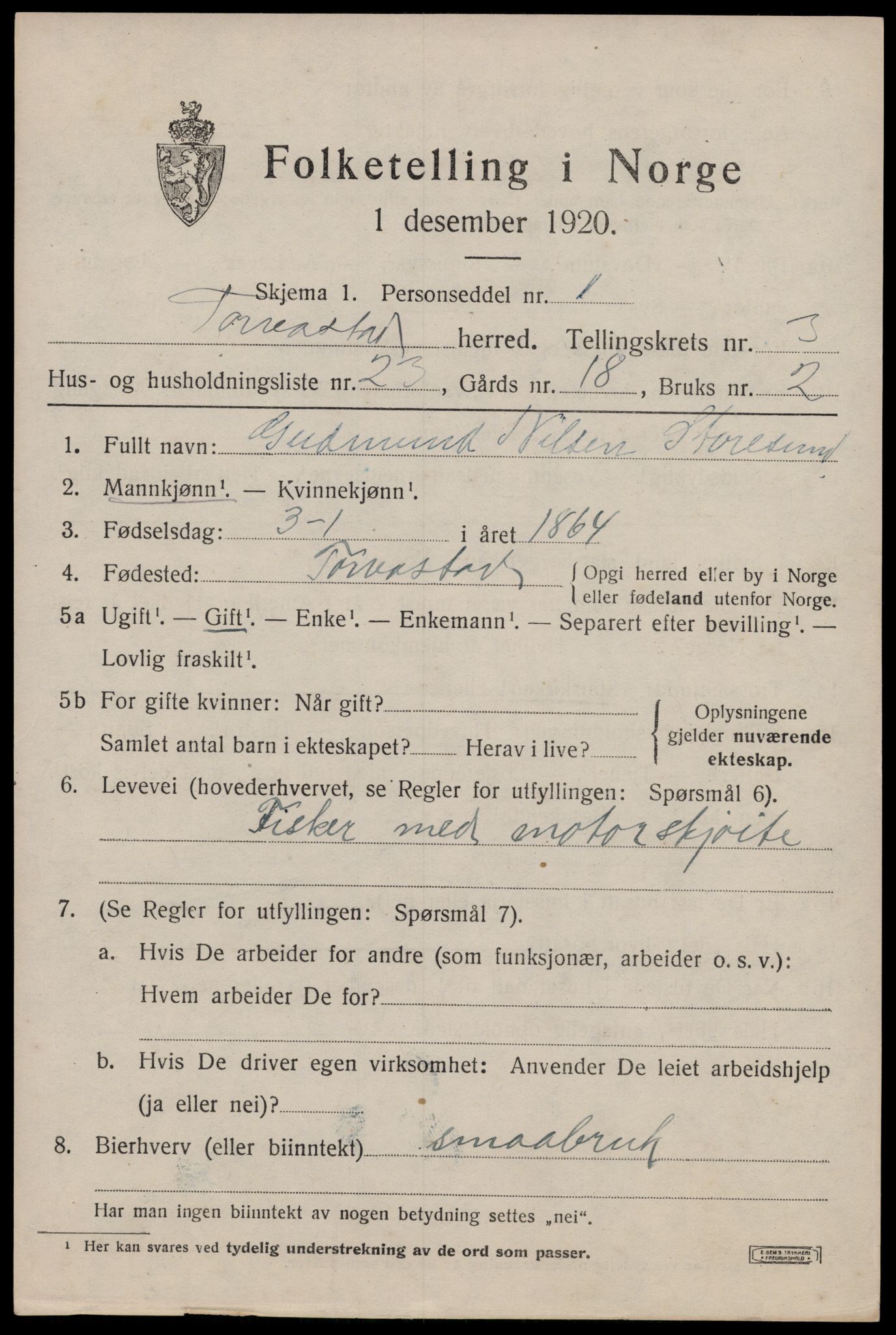 SAST, 1920 census for Torvastad, 1920, p. 3160