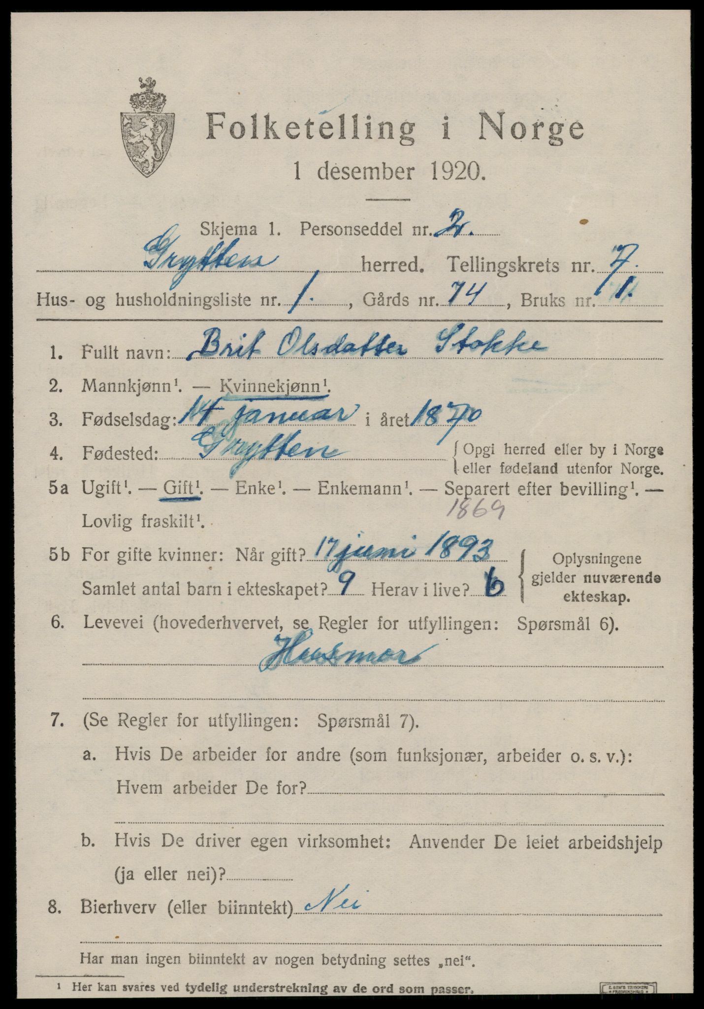 SAT, 1920 census for Grytten, 1920, p. 4826