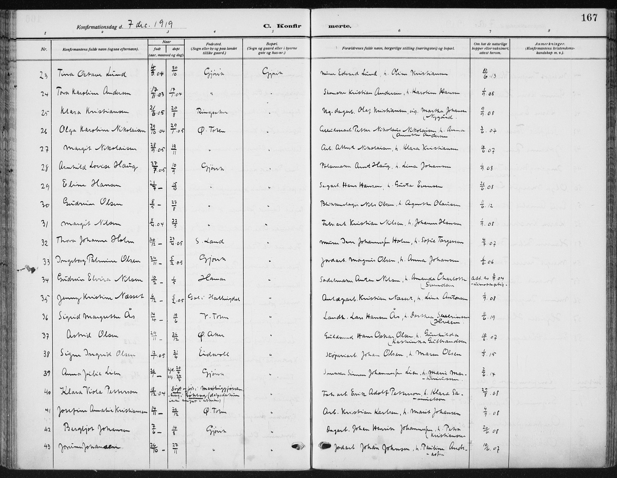 Vardal prestekontor, SAH/PREST-100/H/Ha/Haa/L0014: Parish register (official) no. 14, 1912-1922, p. 167