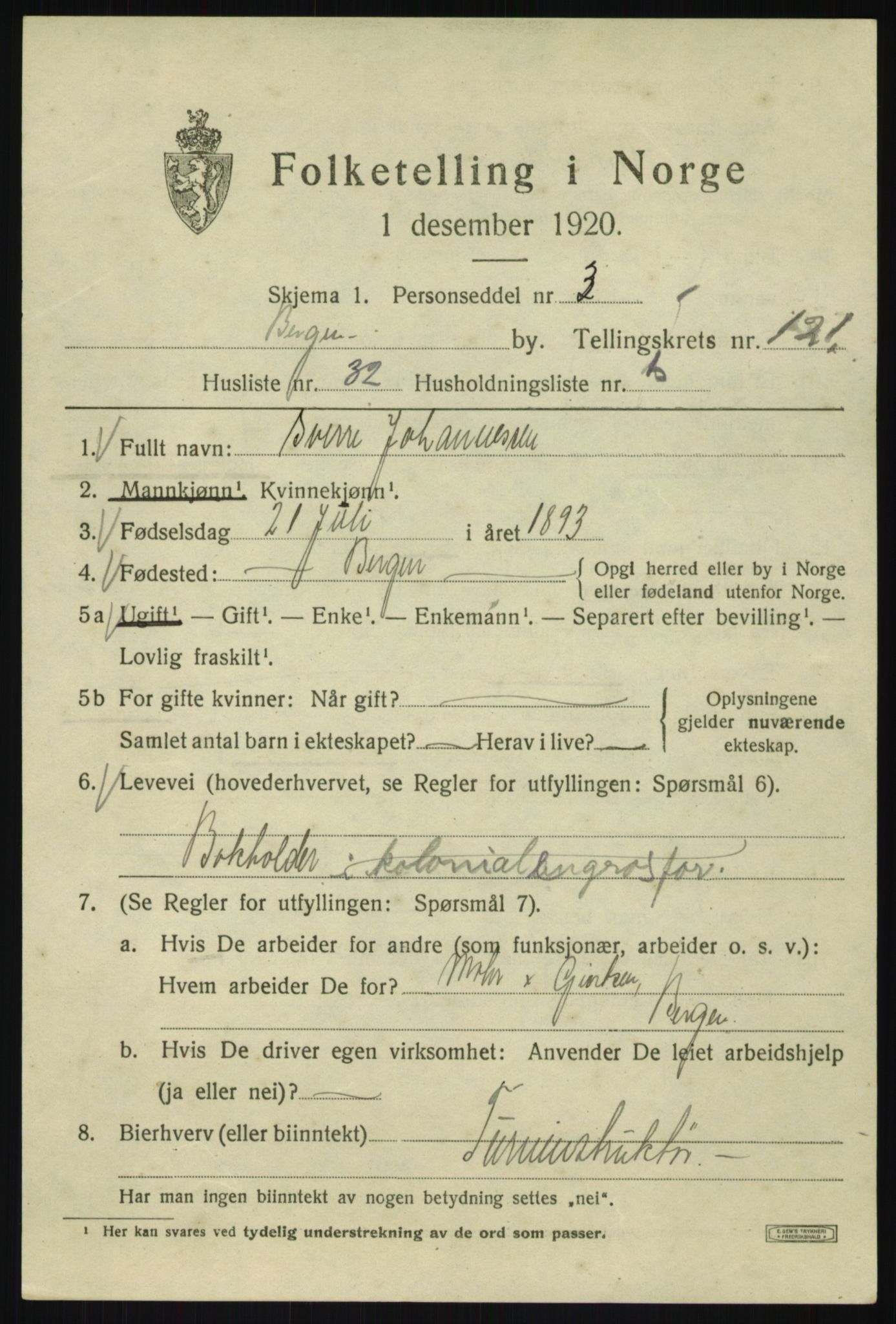 SAB, 1920 census for Bergen, 1920, p. 204382