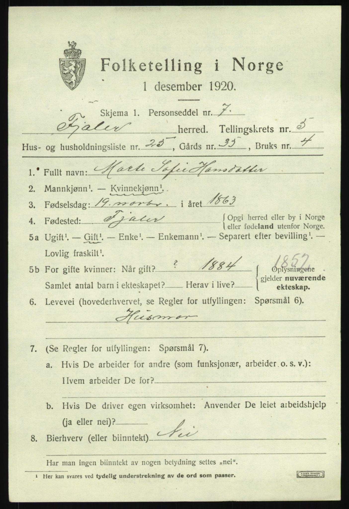 SAB, 1920 census for Fjaler, 1920, p. 3767