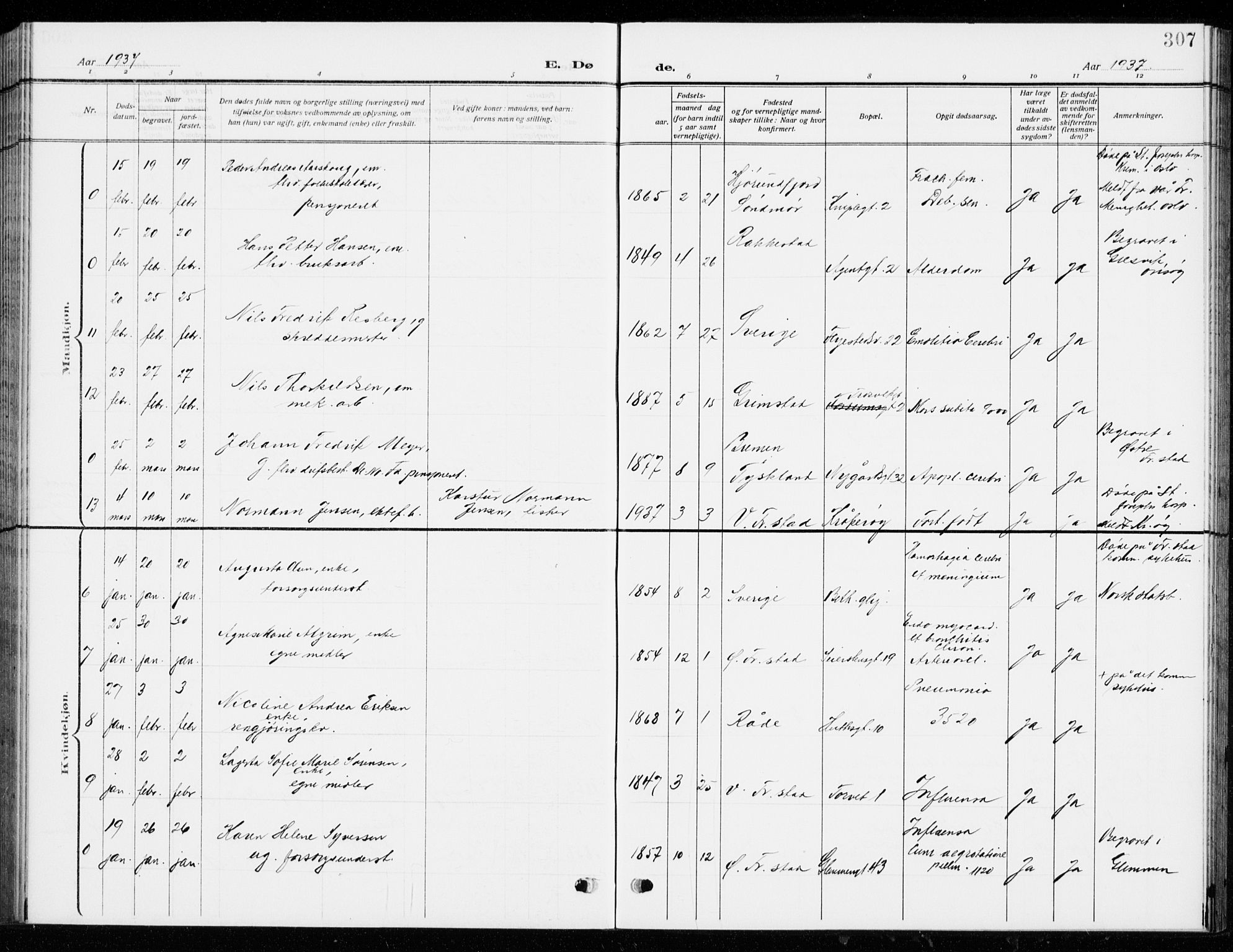 Fredrikstad domkirkes prestekontor Kirkebøker, AV/SAO-A-10906/G/Ga/L0004: Parish register (copy) no. 4, 1910-1944, p. 307