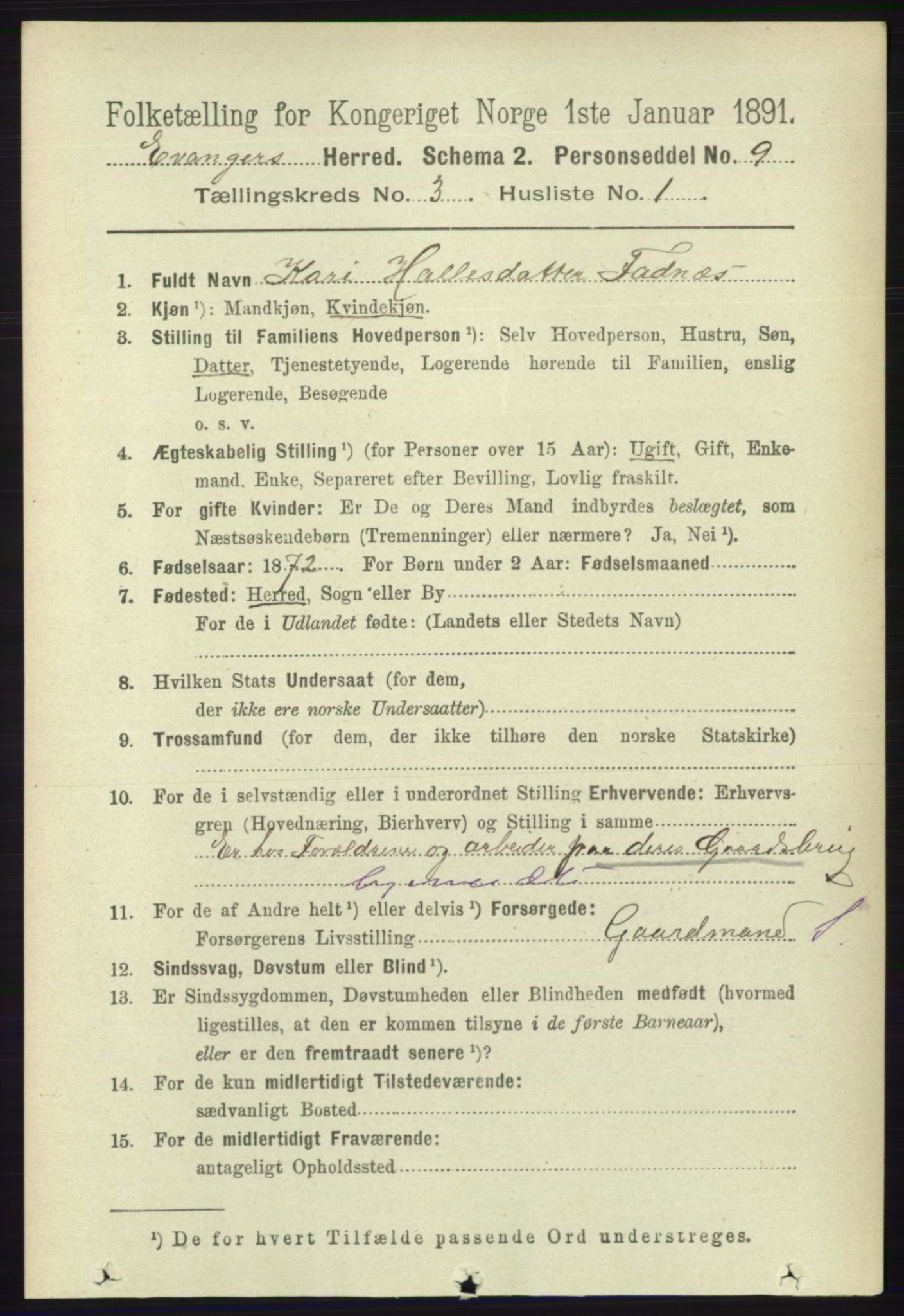 RA, 1891 census for 1237 Evanger, 1891, p. 860
