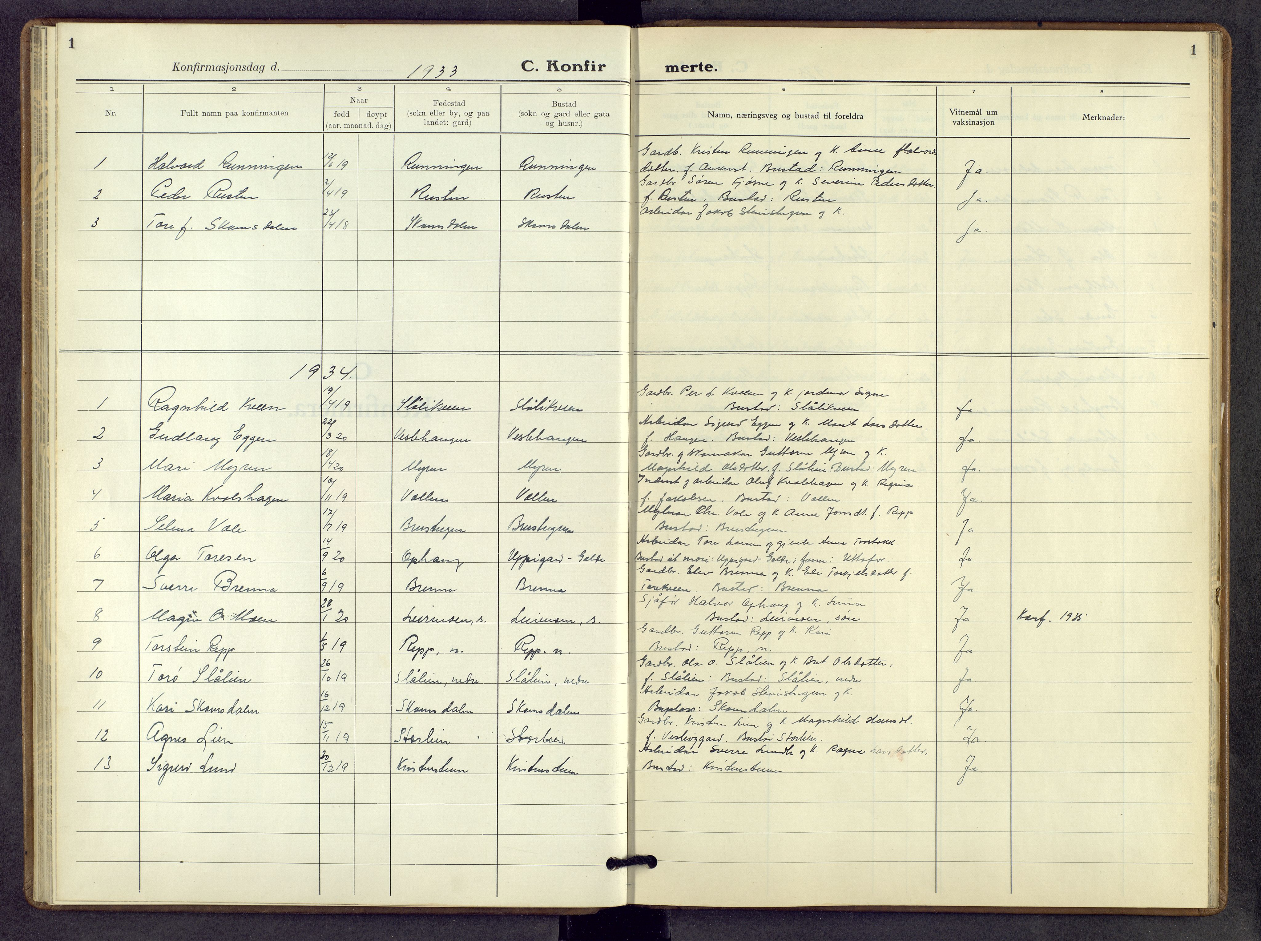 Lom prestekontor, AV/SAH-PREST-070/L/L0008: Parish register (copy) no. 8, 1933-1966, p. 1