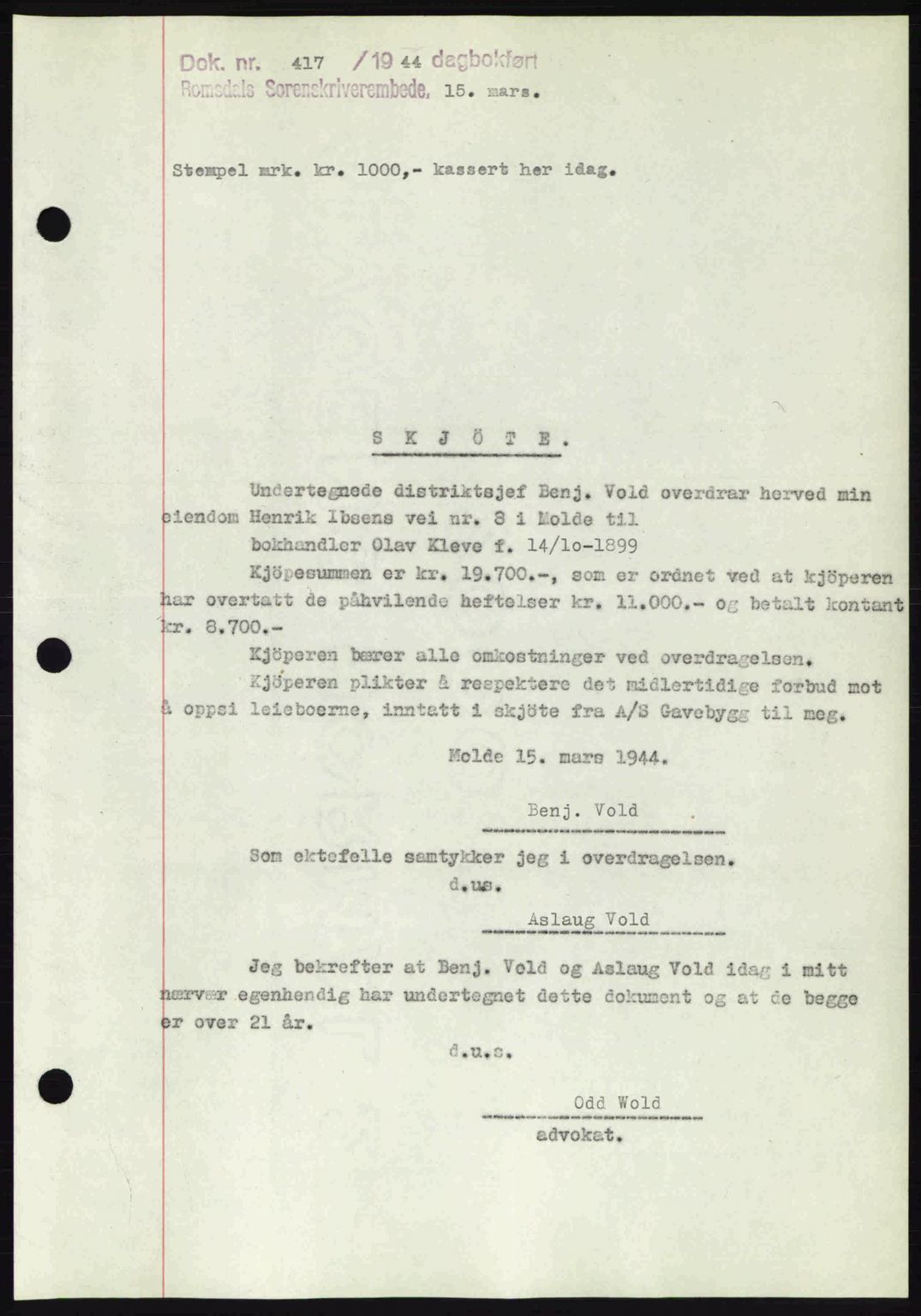 Romsdal sorenskriveri, AV/SAT-A-4149/1/2/2C: Mortgage book no. A16, 1944-1944, Diary no: : 417/1944