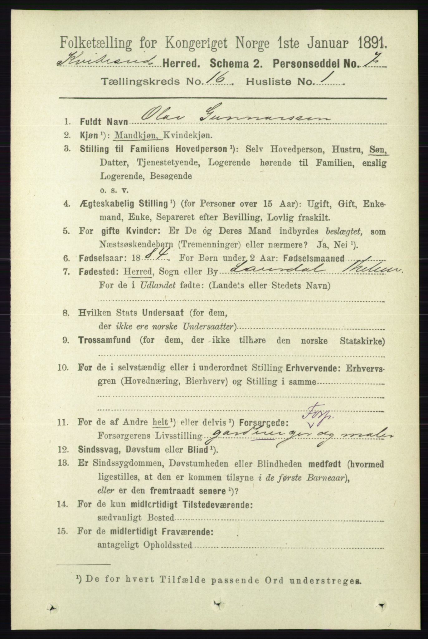 RA, 1891 census for 0829 Kviteseid, 1891, p. 3641