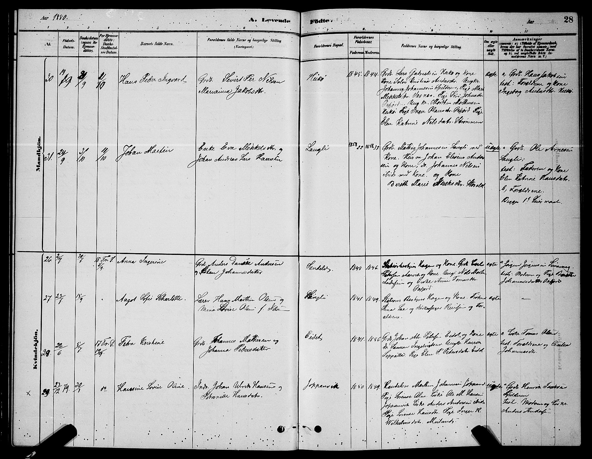 Skjervøy sokneprestkontor, AV/SATØ-S-1300/H/Ha/Hab/L0006klokker: Parish register (copy) no. 6, 1878-1888, p. 28