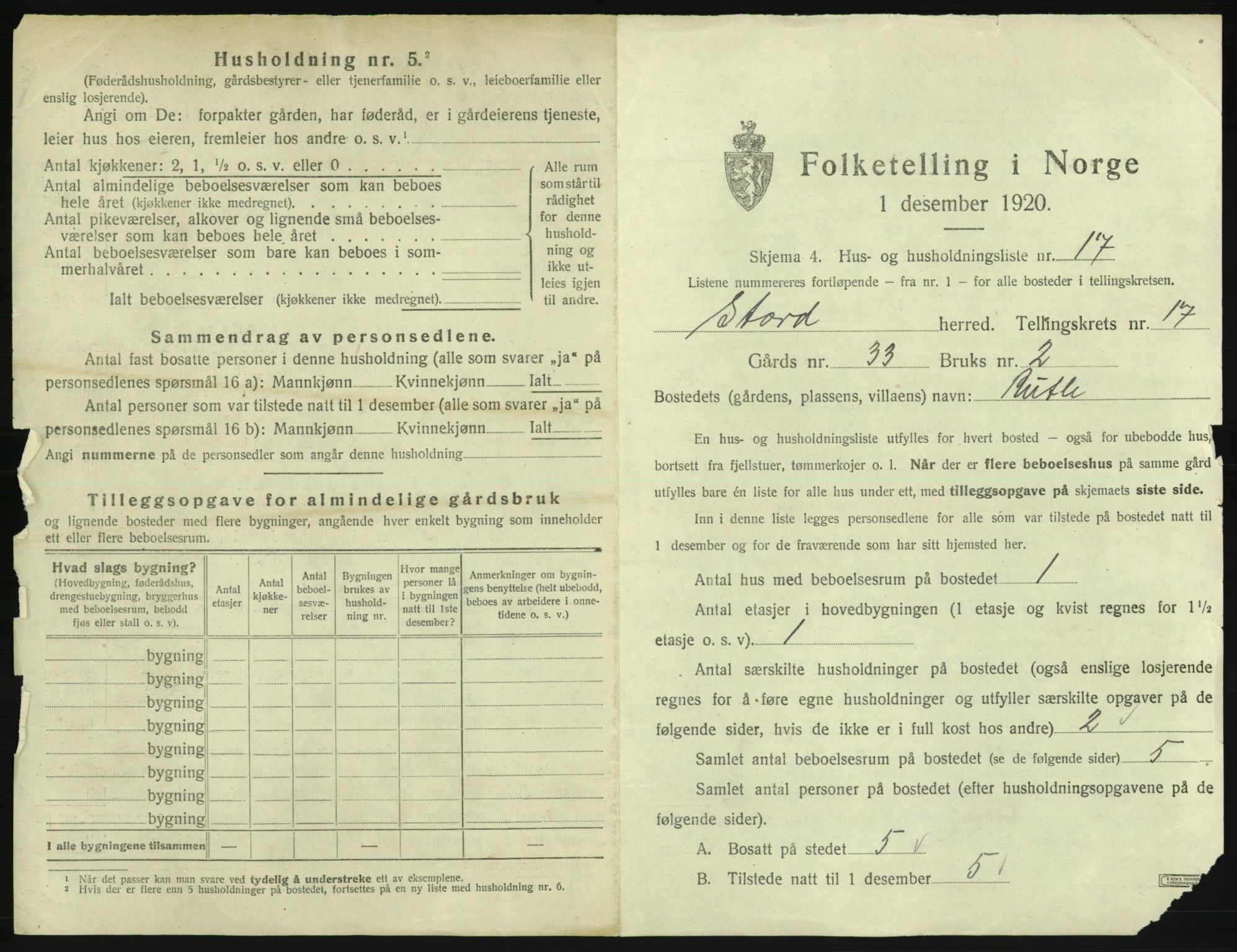 SAB, 1920 census for Stord, 1920, p. 1227