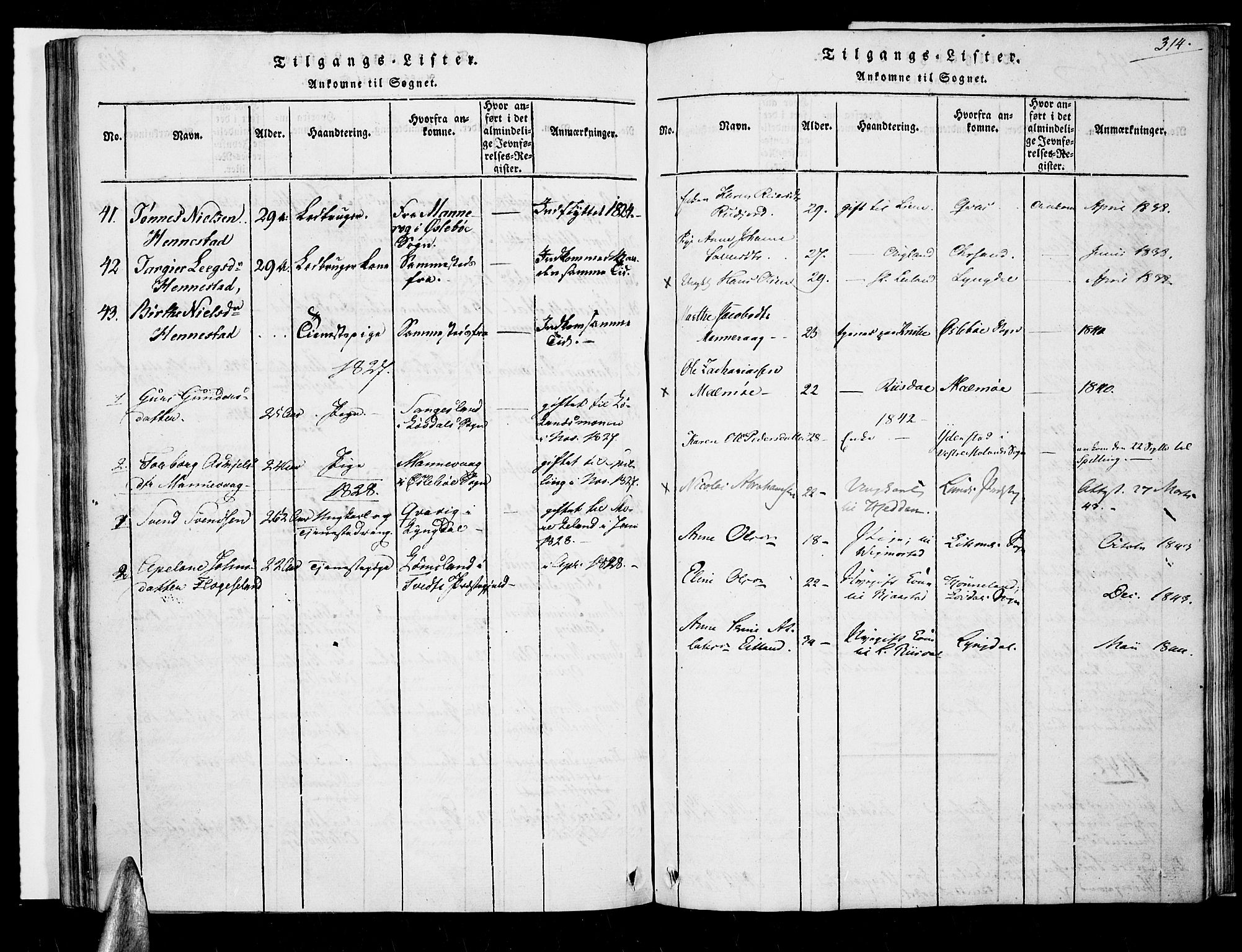 Nord-Audnedal sokneprestkontor, SAK/1111-0032/F/Fa/Fab/L0001: Parish register (official) no. A 1, 1816-1858, p. 314