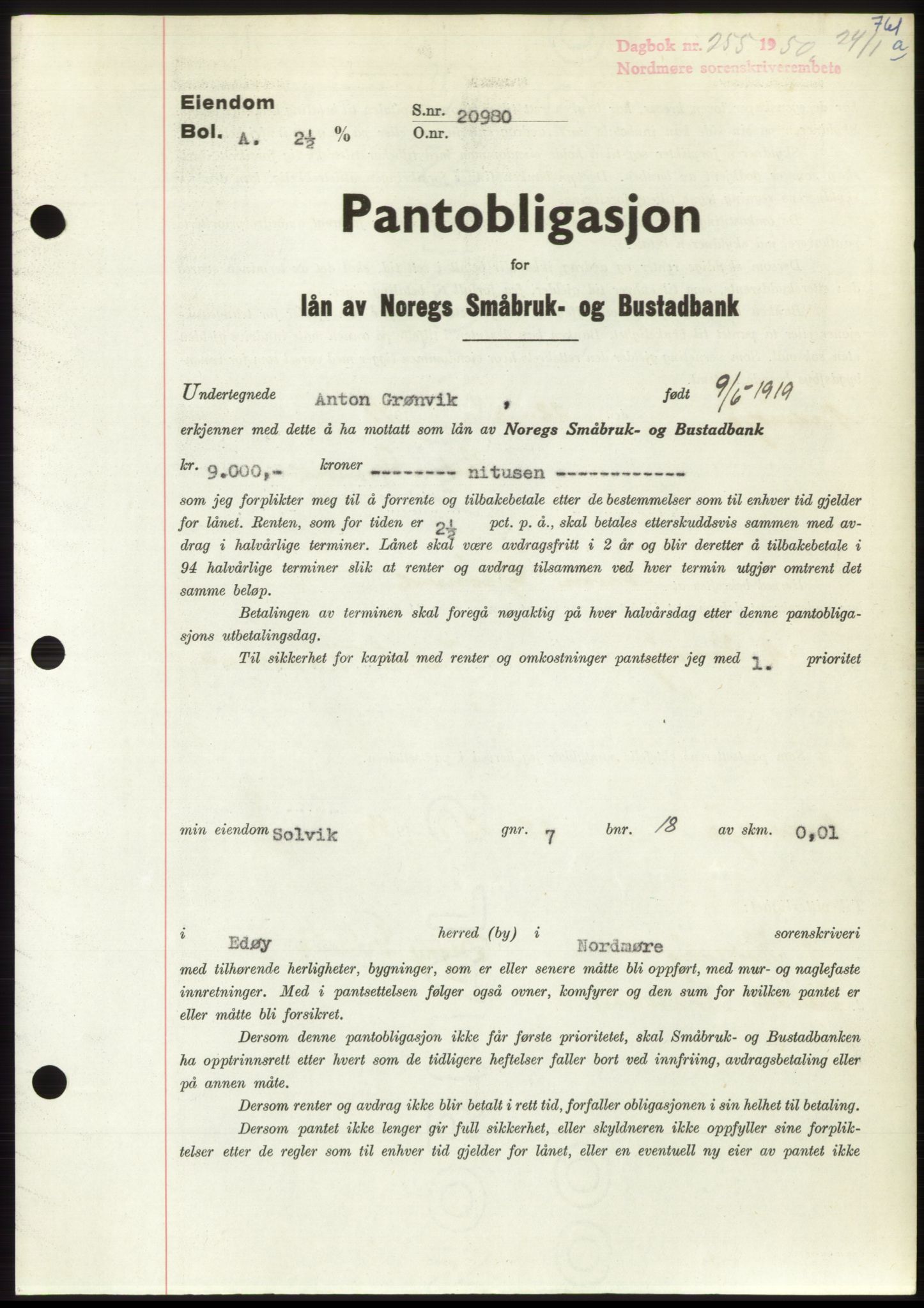 Nordmøre sorenskriveri, AV/SAT-A-4132/1/2/2Ca: Mortgage book no. B103, 1949-1950, Diary no: : 255/1950