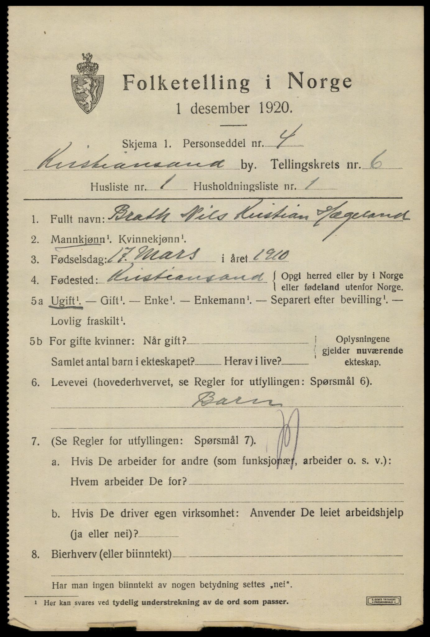 SAK, 1920 census for Kristiansand, 1920, p. 18311