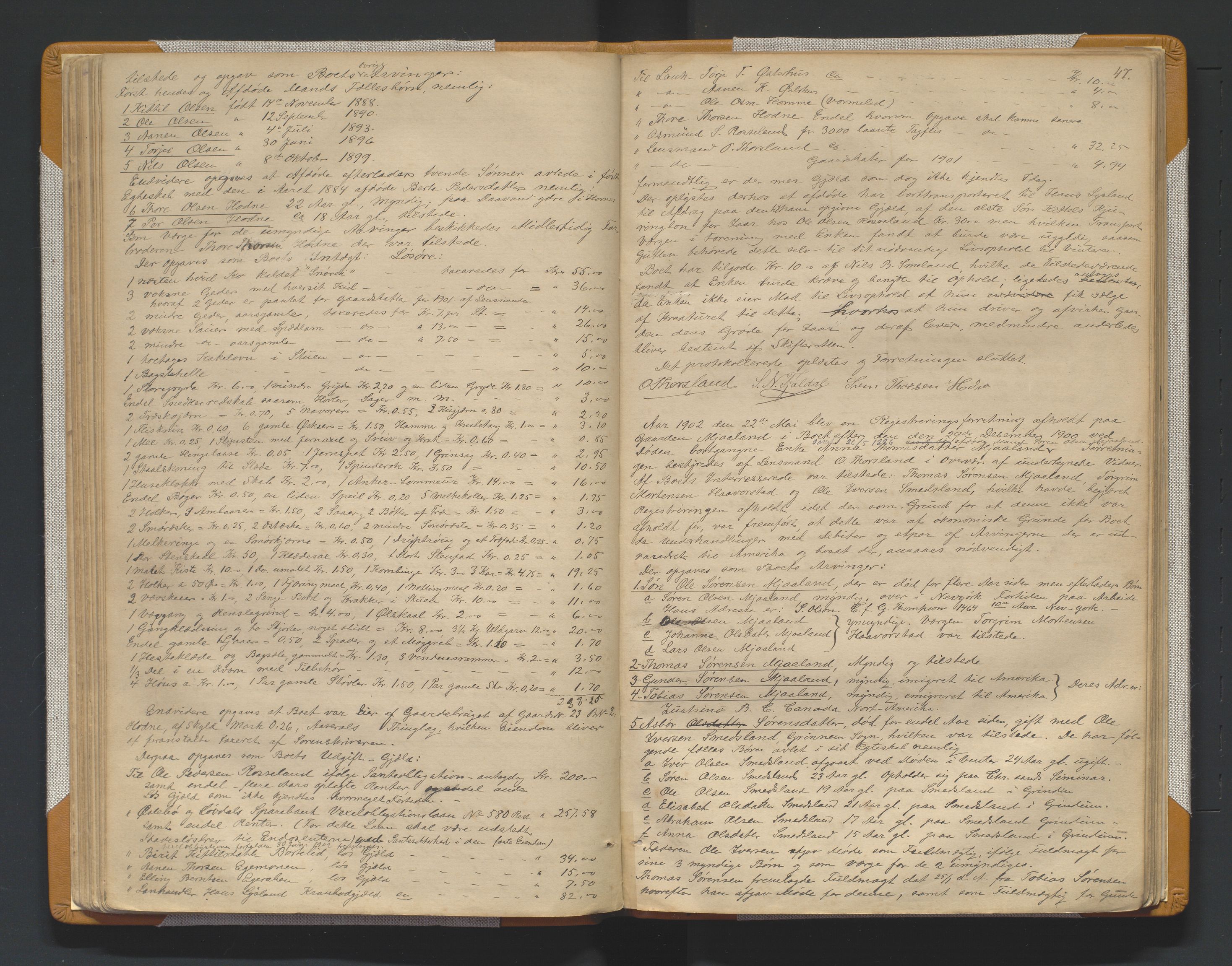 Mandal sorenskriveri, AV/SAK-1221-0005/001/H/Hc/L0061: Skifteregistreringsprotokoll nr 17 Åseral, 1876-1928, p. 47