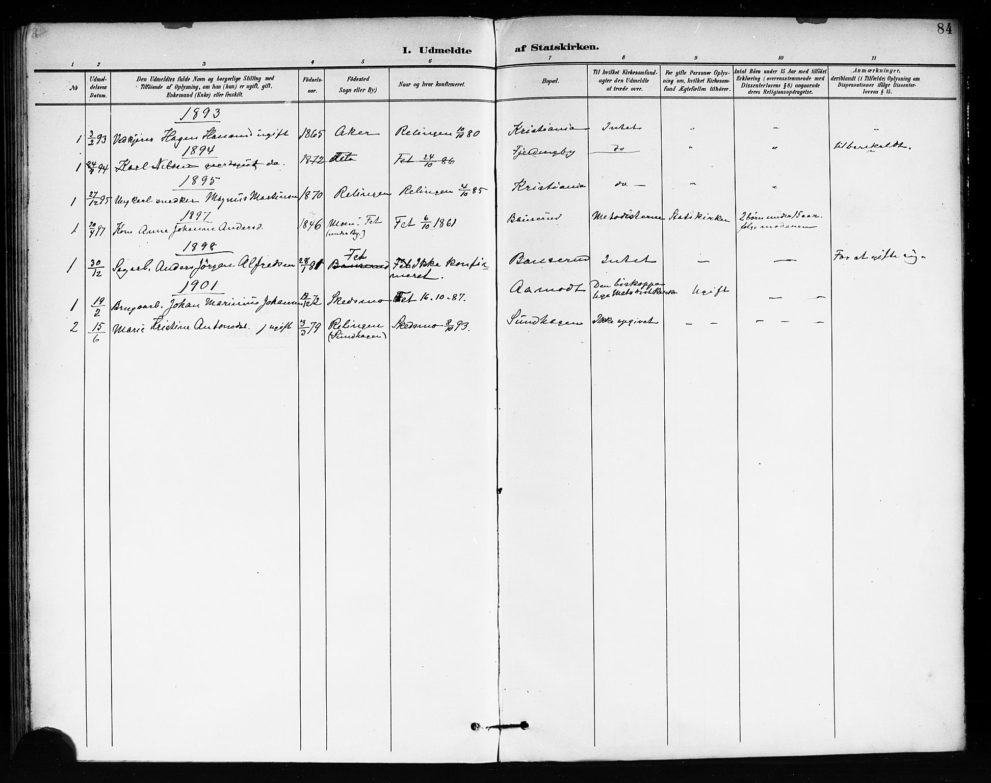 Fet prestekontor Kirkebøker, AV/SAO-A-10370a/F/Fb/L0002: Parish register (official) no. II 2, 1892-1904, p. 84