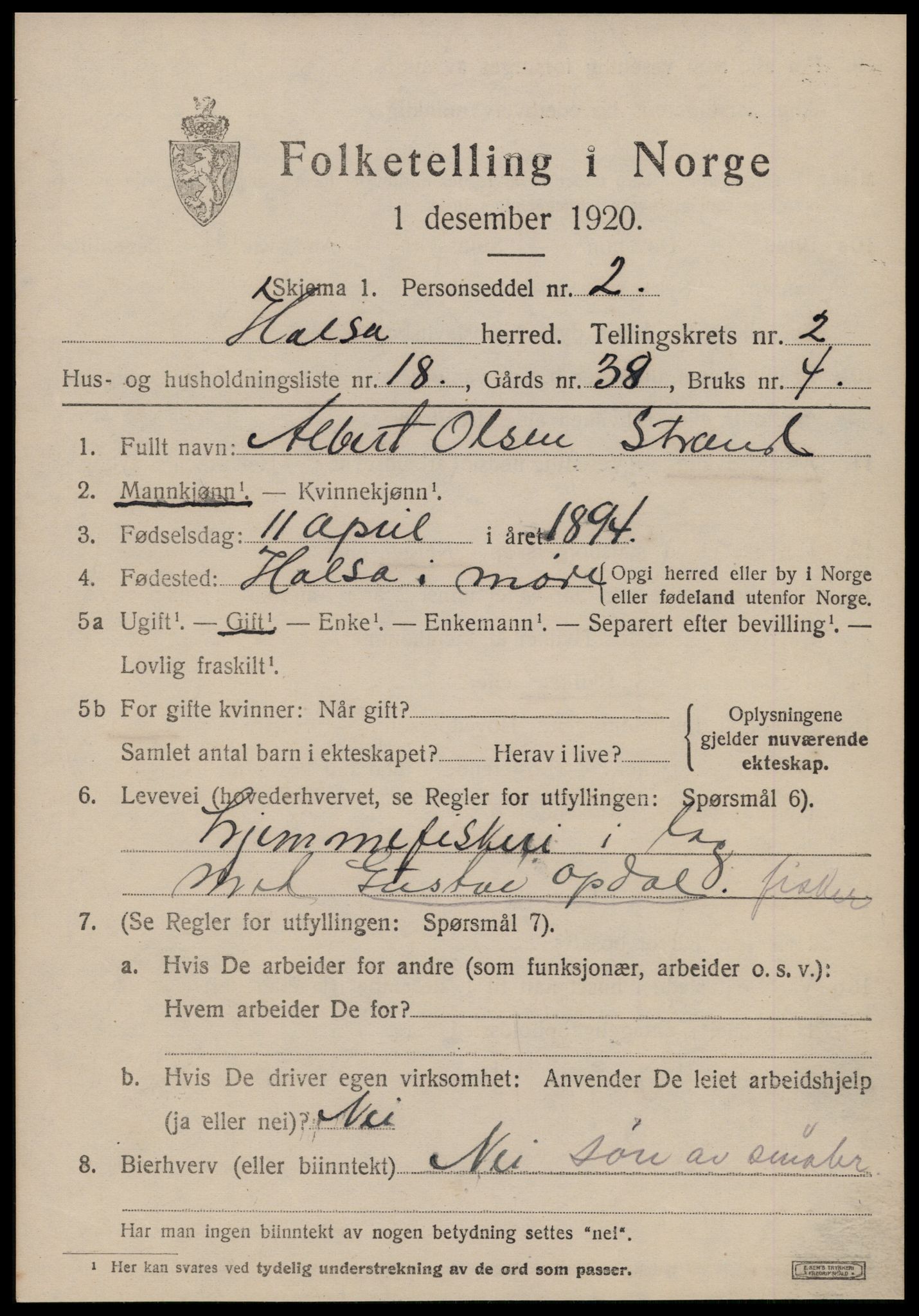 SAT, 1920 census for Halsa, 1920, p. 1092