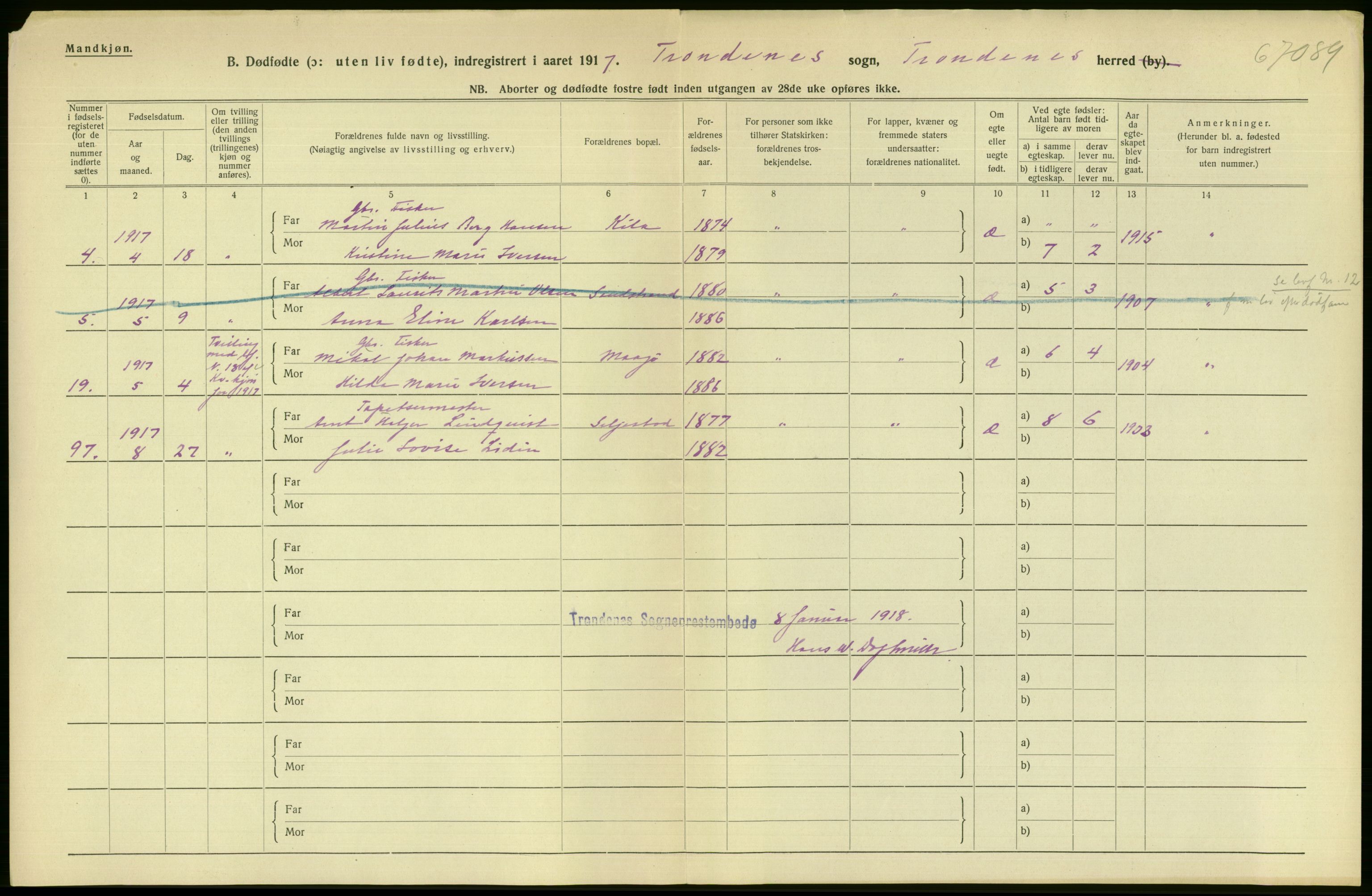 Statistisk sentralbyrå, Sosiodemografiske emner, Befolkning, AV/RA-S-2228/D/Df/Dfb/Dfbg/L0054: Tromsø amt: Gifte, døde, dødfødte. Bygder og byer., 1917, p. 58