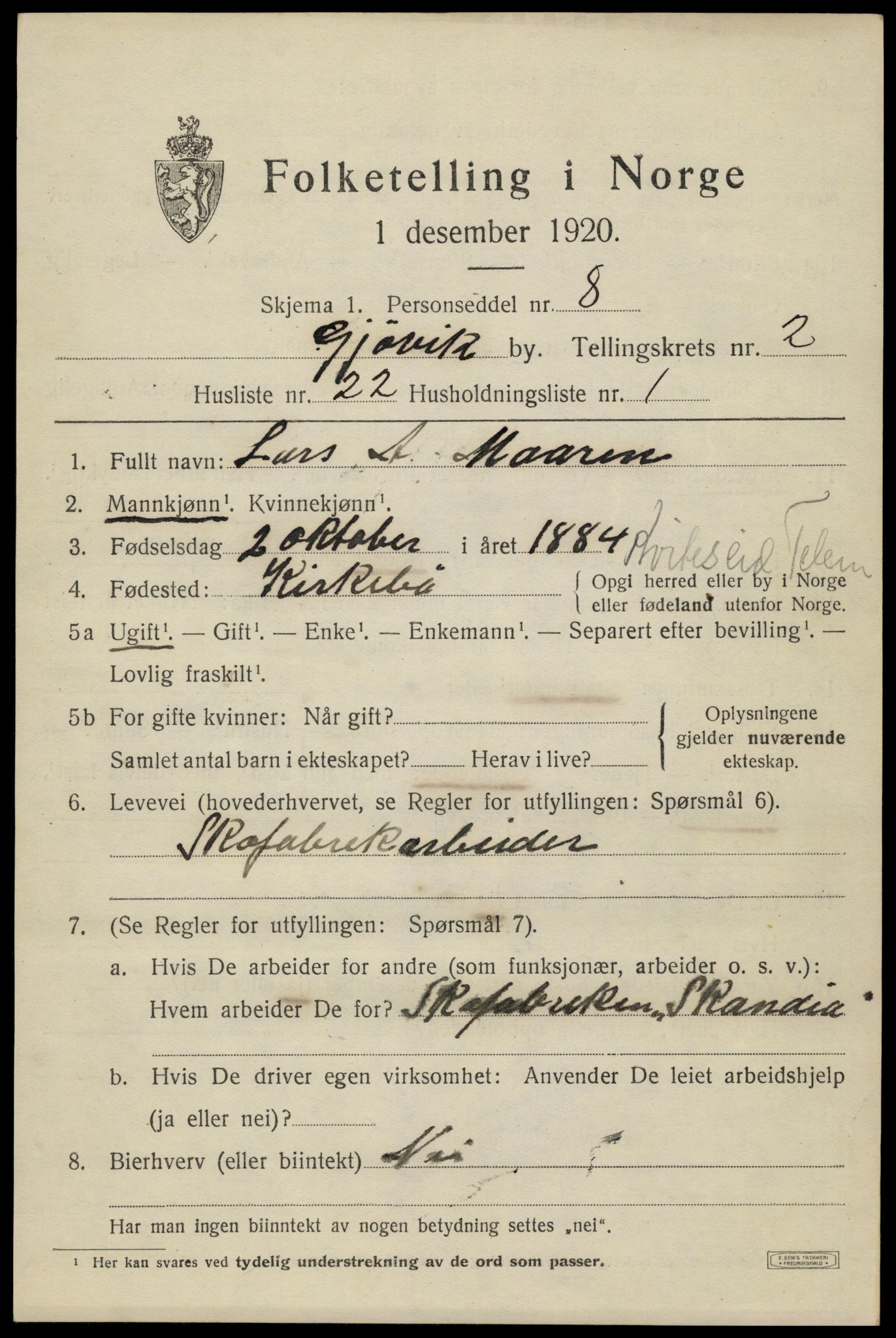 SAH, 1920 census for Gjøvik, 1920, p. 5110