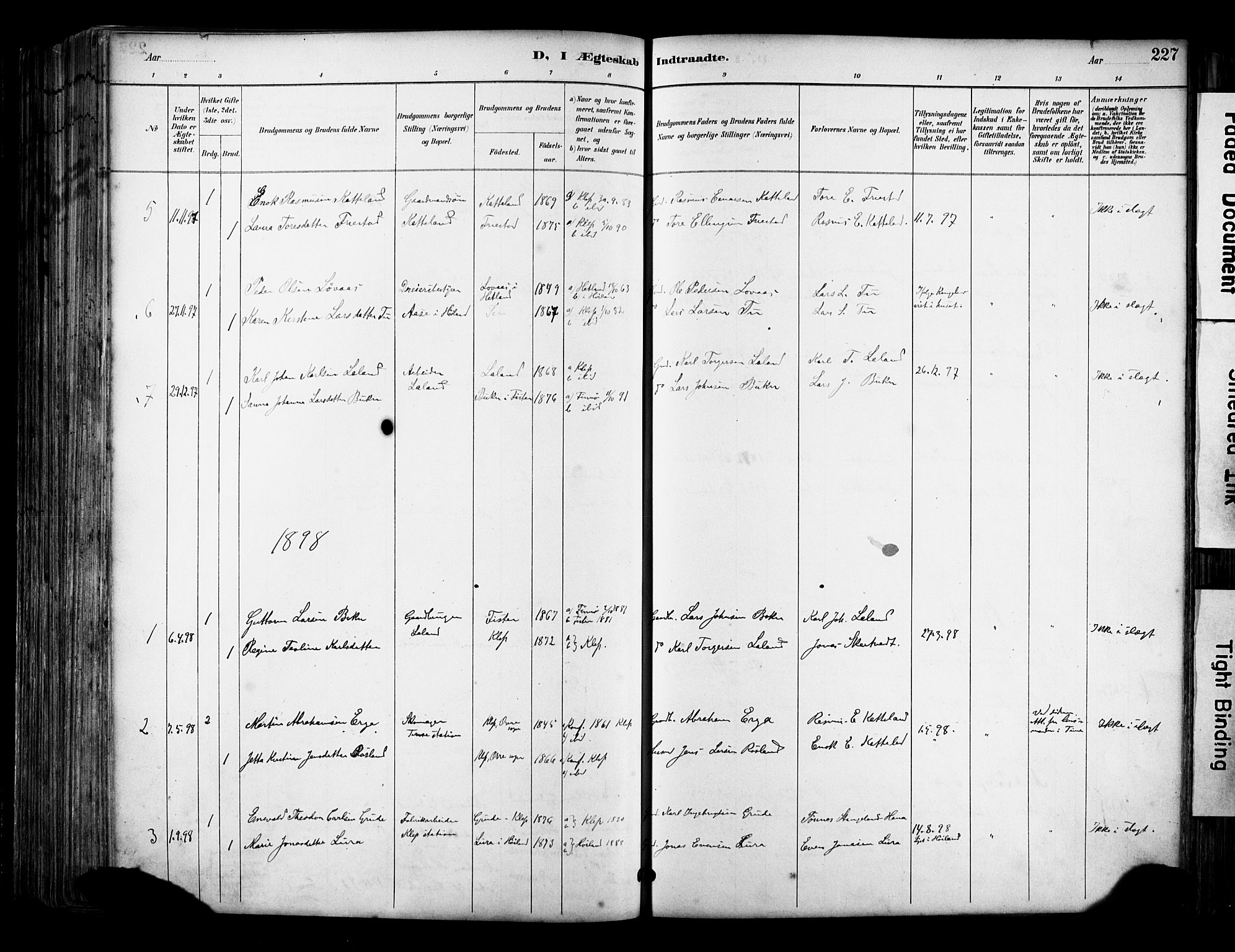 Klepp sokneprestkontor, AV/SAST-A-101803/001/3/30BA/L0009: Parish register (official) no. A 7, 1886-1915, p. 227