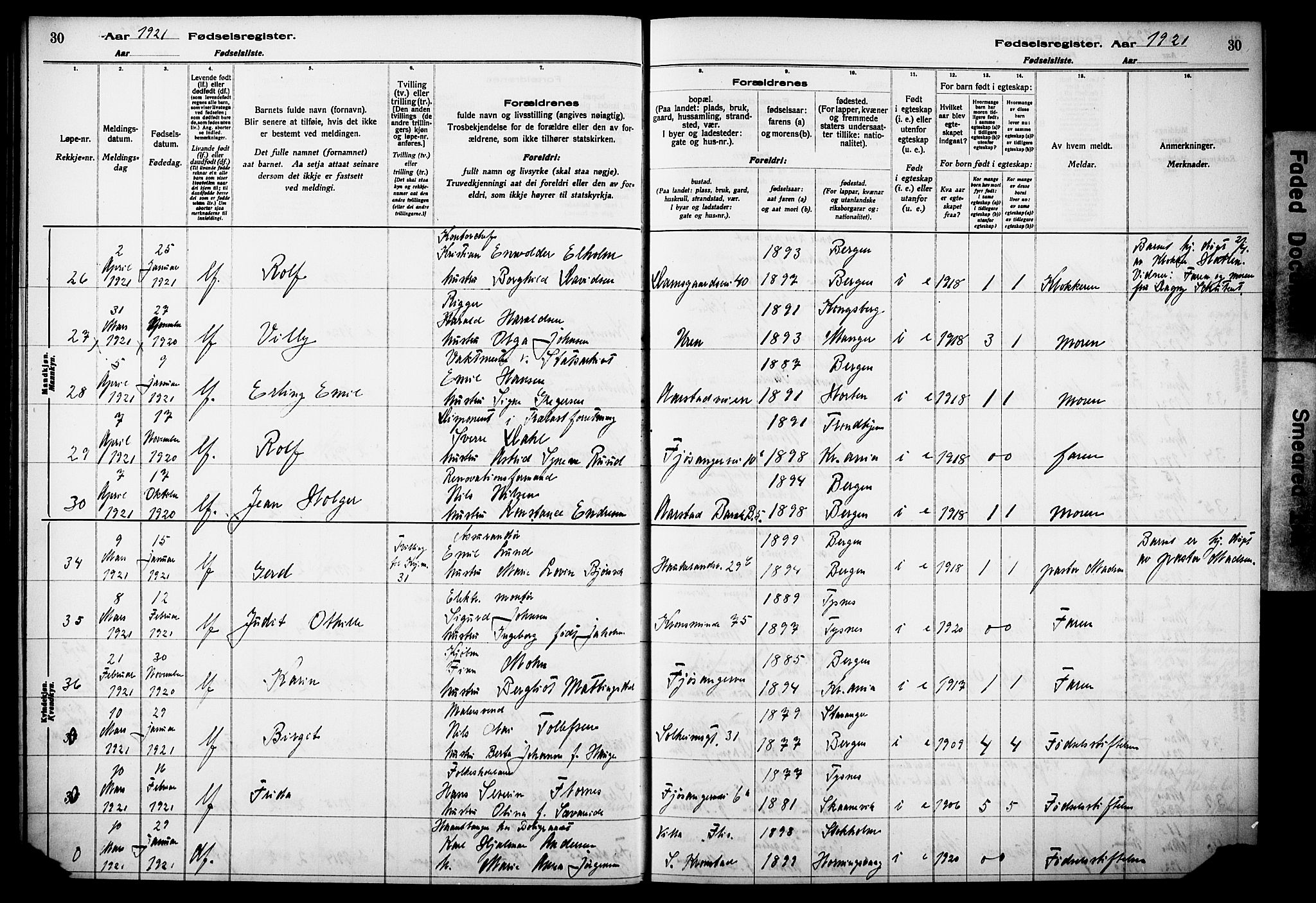 Årstad Sokneprestembete, AV/SAB-A-79301/I/Id/L0A02: Birth register no. A 2, 1920-1924, p. 30