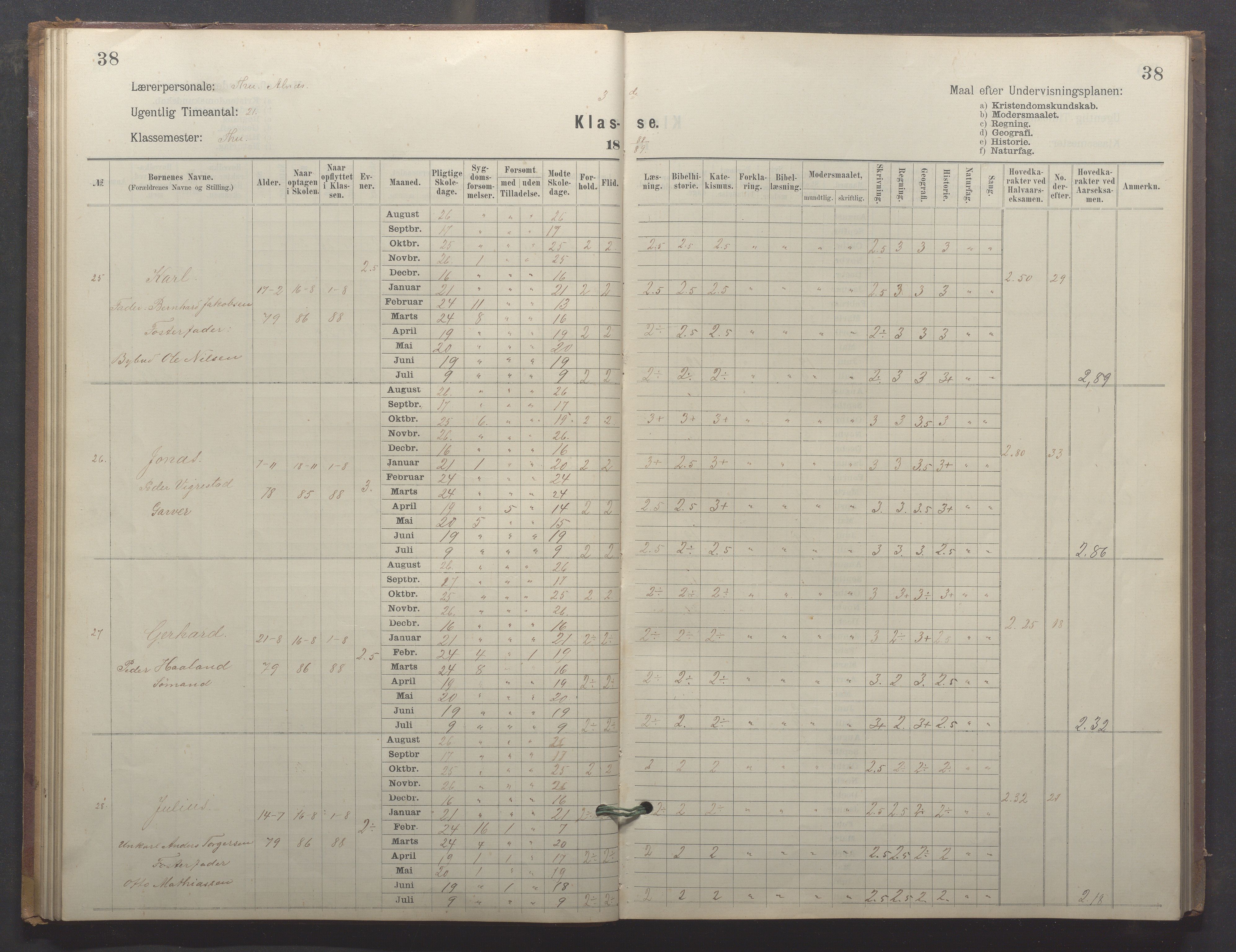 Egersund kommune (Ladested) - Egersund almueskole/folkeskole, IKAR/K-100521/H/L0024: Skoleprotokoll - Almueskolen, 3. klasse, 1887-1892, p. 38